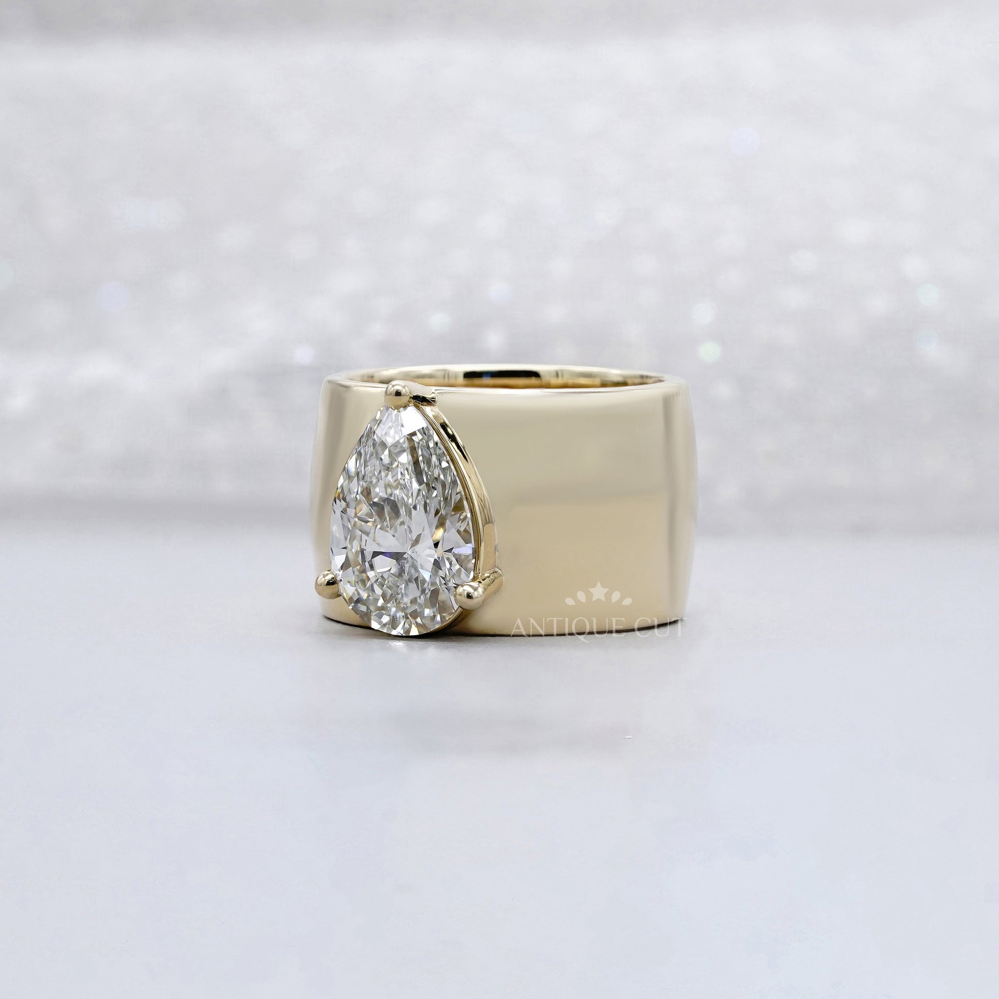 3.00ct Pear Lab Grown Diamond Wide Band Ring | Modern Yellow Gold