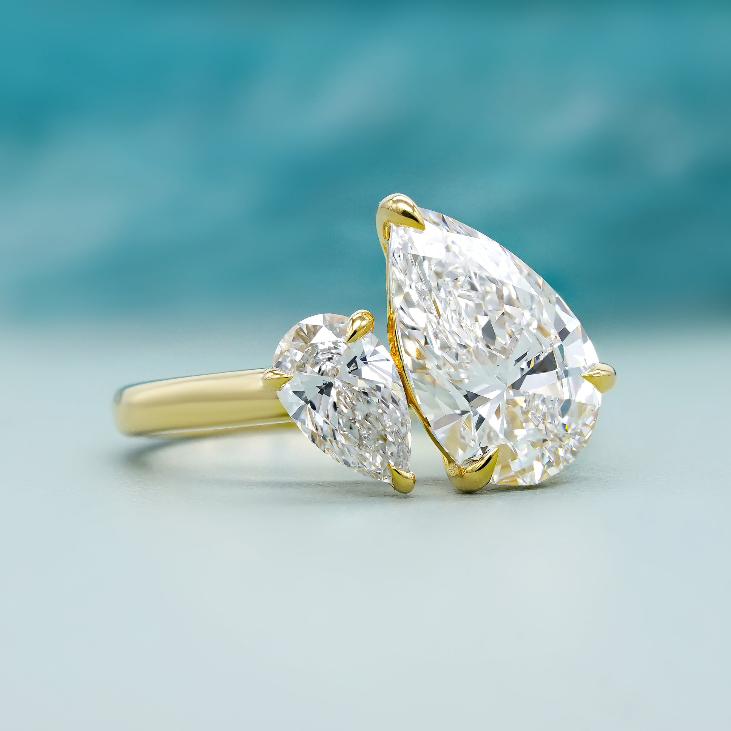 Pear Duo 4.00tcw Lab Diamond Ring | IGI Certified | Contemporary Toi Et Moi in Yellow Gold