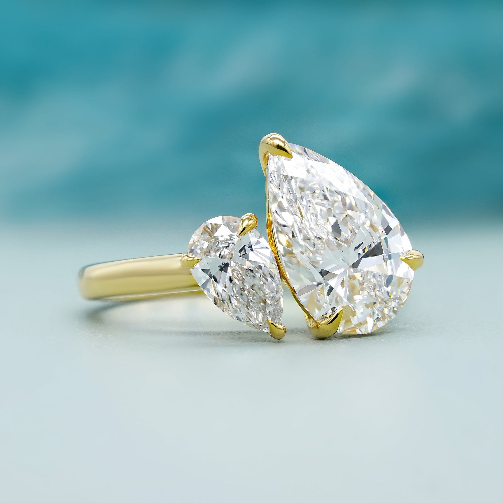 Pear Duo 4.00tcw Lab Diamond Ring | IGI Certified | Contemporary Toi Et Moi in Yellow Gold