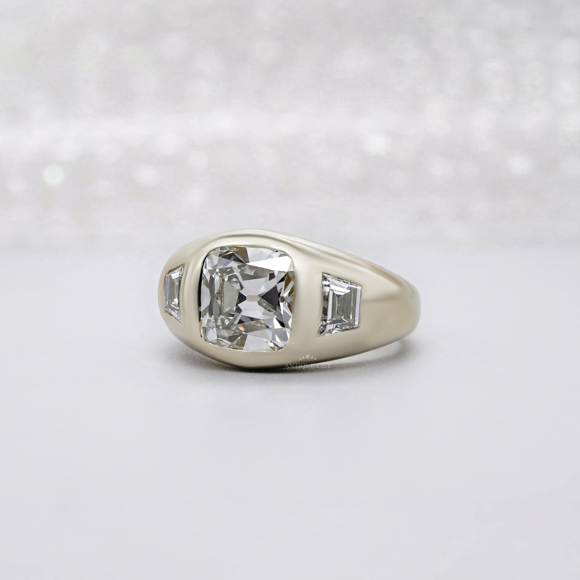Cushion 3.70tcw Lab Diamond Ring | Baguette Side Stones | Signet Style | IGI Certified