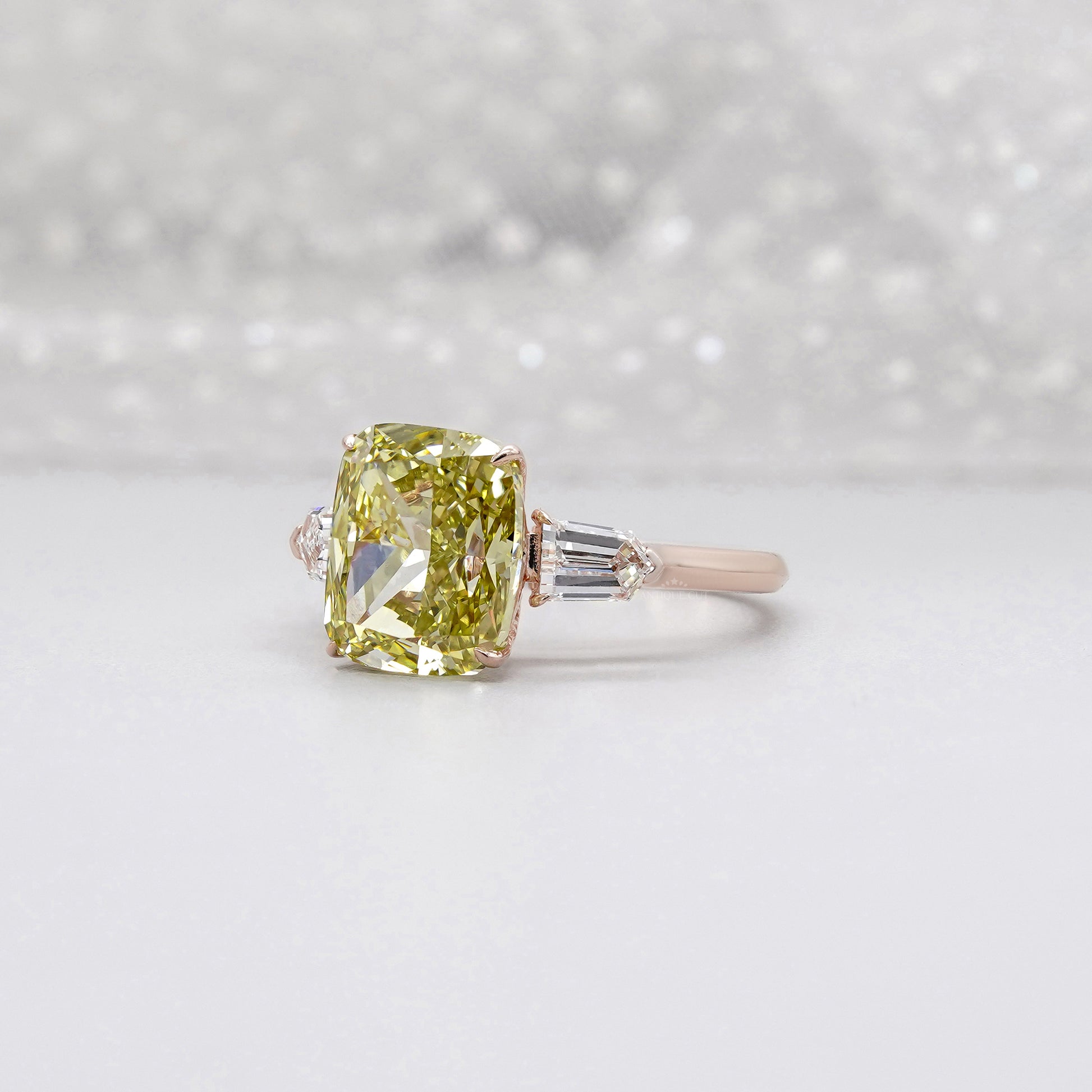 Fancy Yellow 6.50tcw Cushion Cut Lab Diamond Ring | Rose Gold Three-Stone | IGI Certified