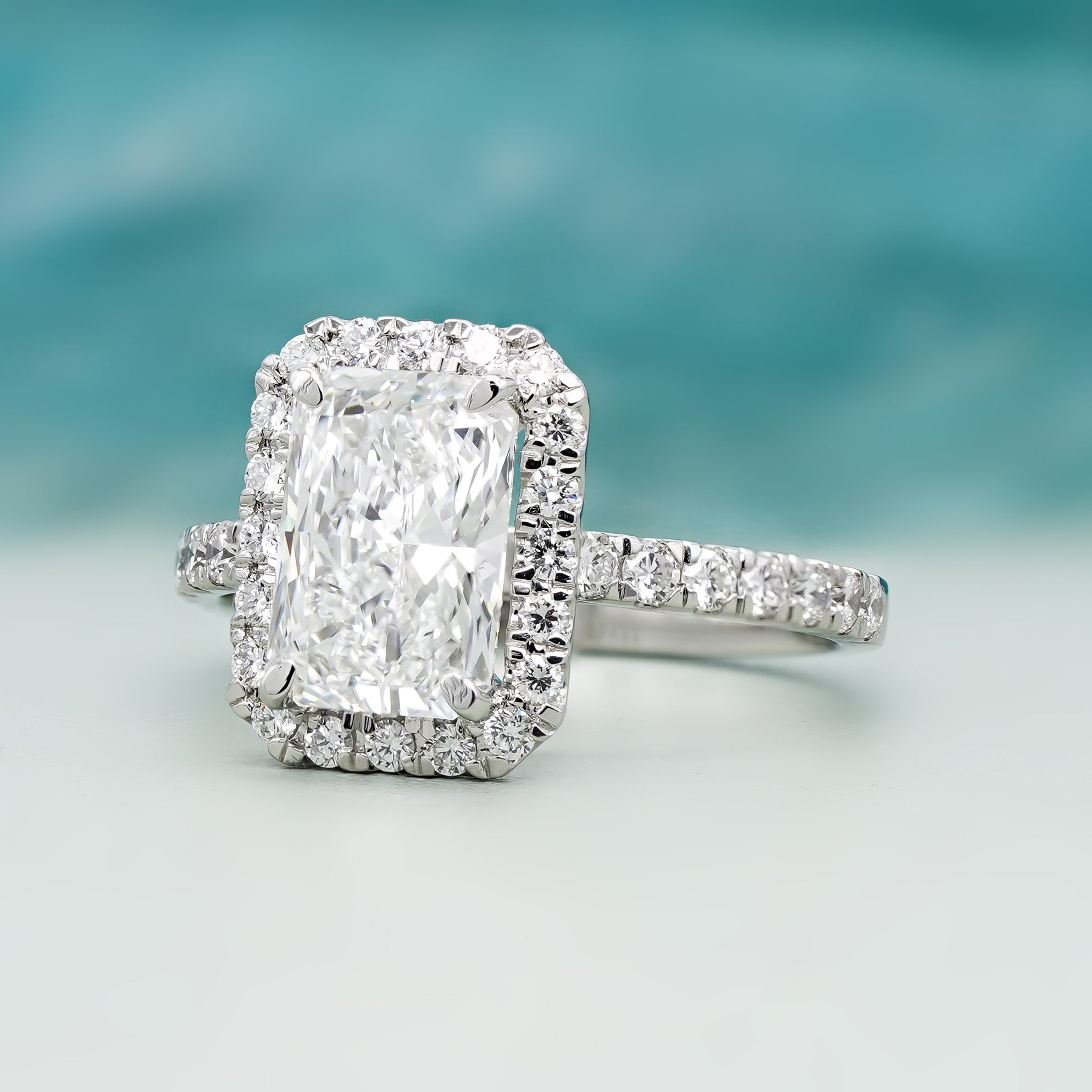 Radiant 2.60tcw Lab Created Diamond Ring | Pavé Halo Cathedral Setting | VVS-VS Clarity | DEF Color | Sustainable Luxury