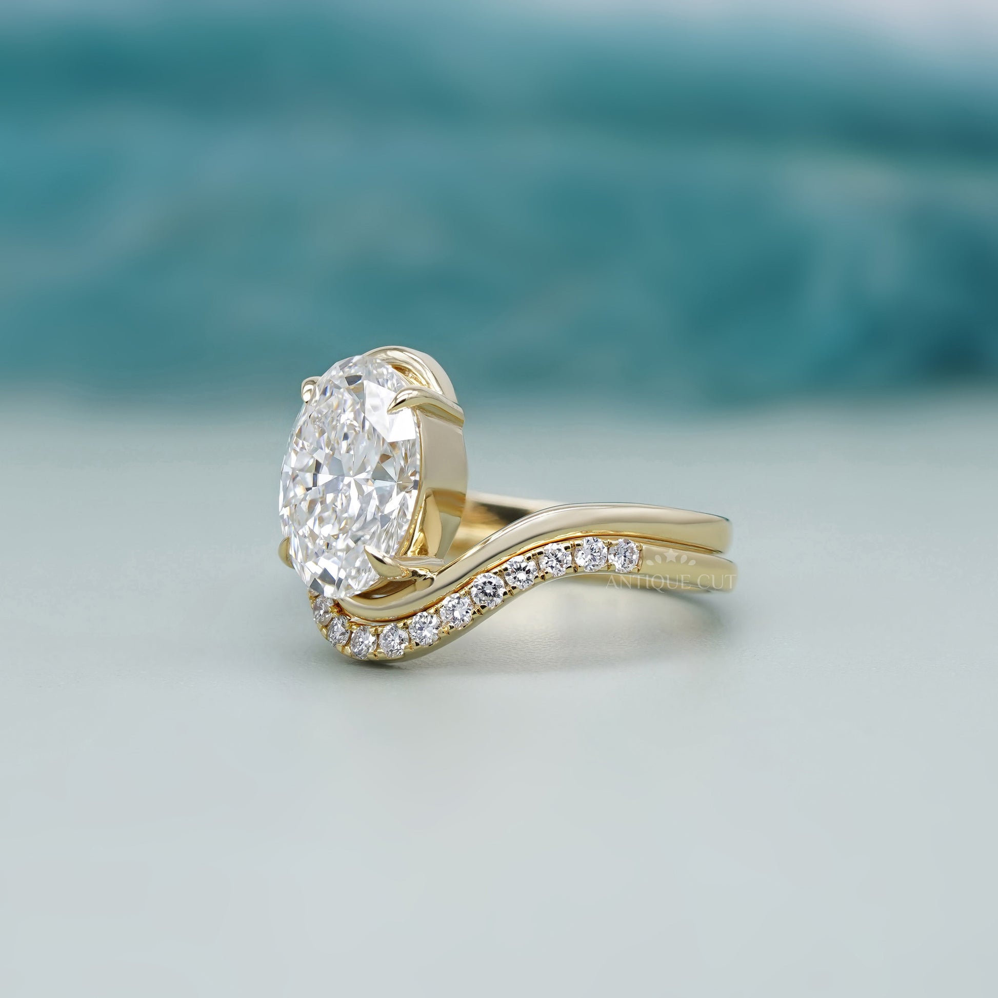 Modern Curve 3.20tcw Oval Lab Diamond Engagement Ring | Matching Curved Band | IGI Certified