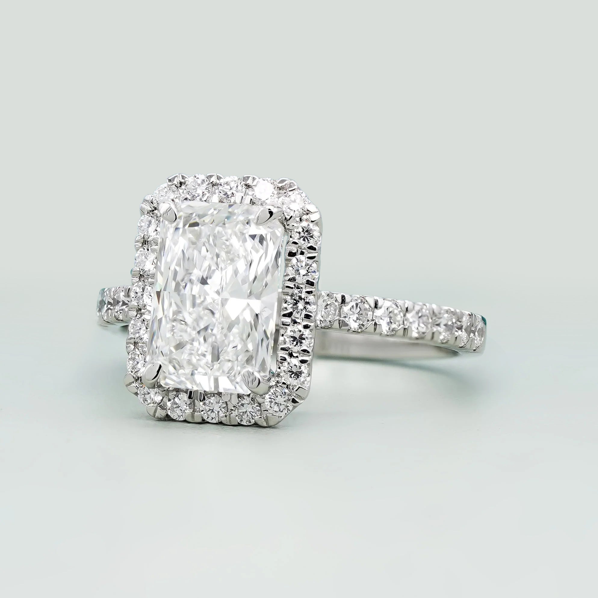 Radiant 2.60tcw Lab Created Diamond Ring | Pavé Halo Cathedral Setting | VVS-VS Clarity | DEF Color | Sustainable Luxury