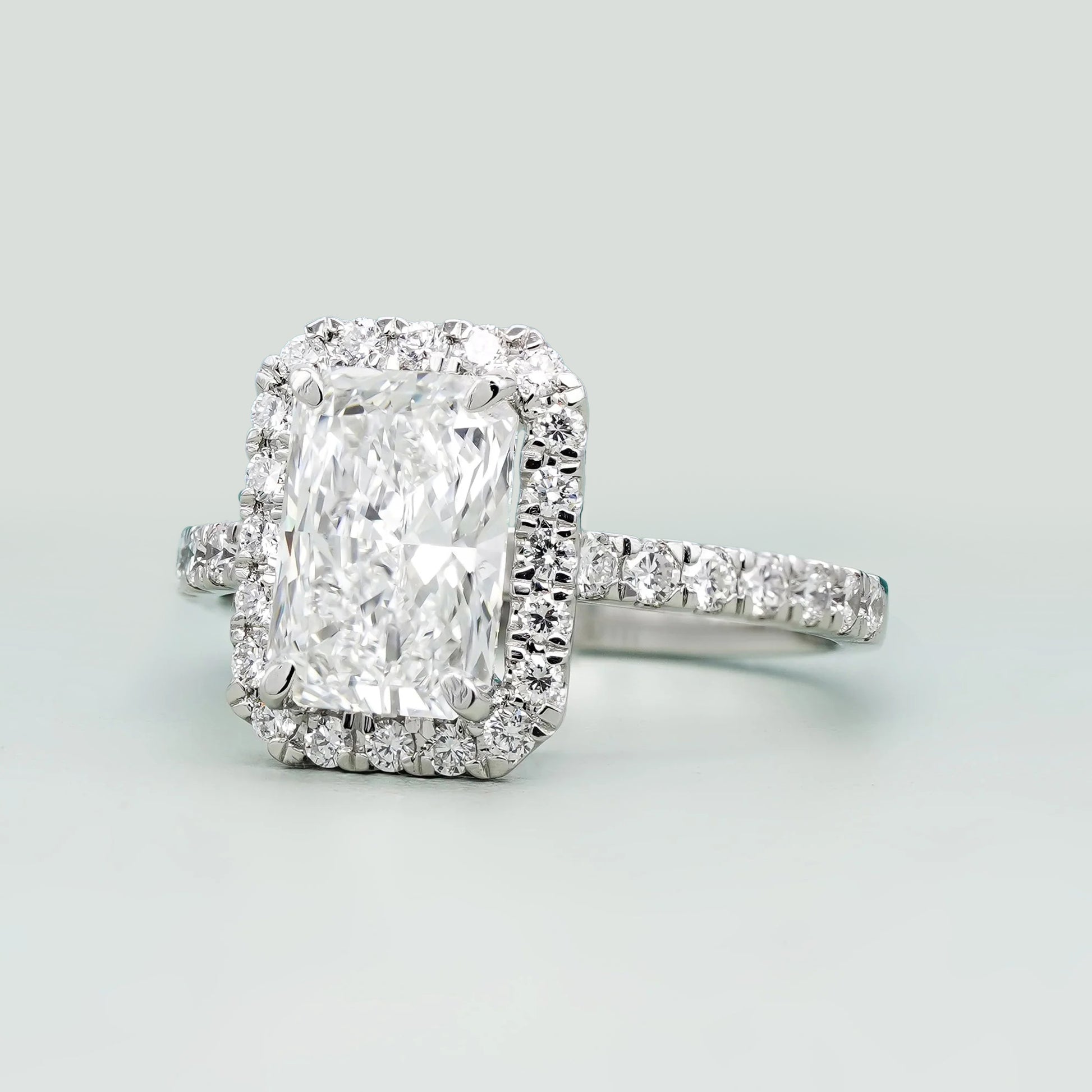 Radiant 2.60tcw Lab Created Diamond Ring | Pavé Halo Cathedral Setting | VVS-VS Clarity | DEF Color | Sustainable Luxury