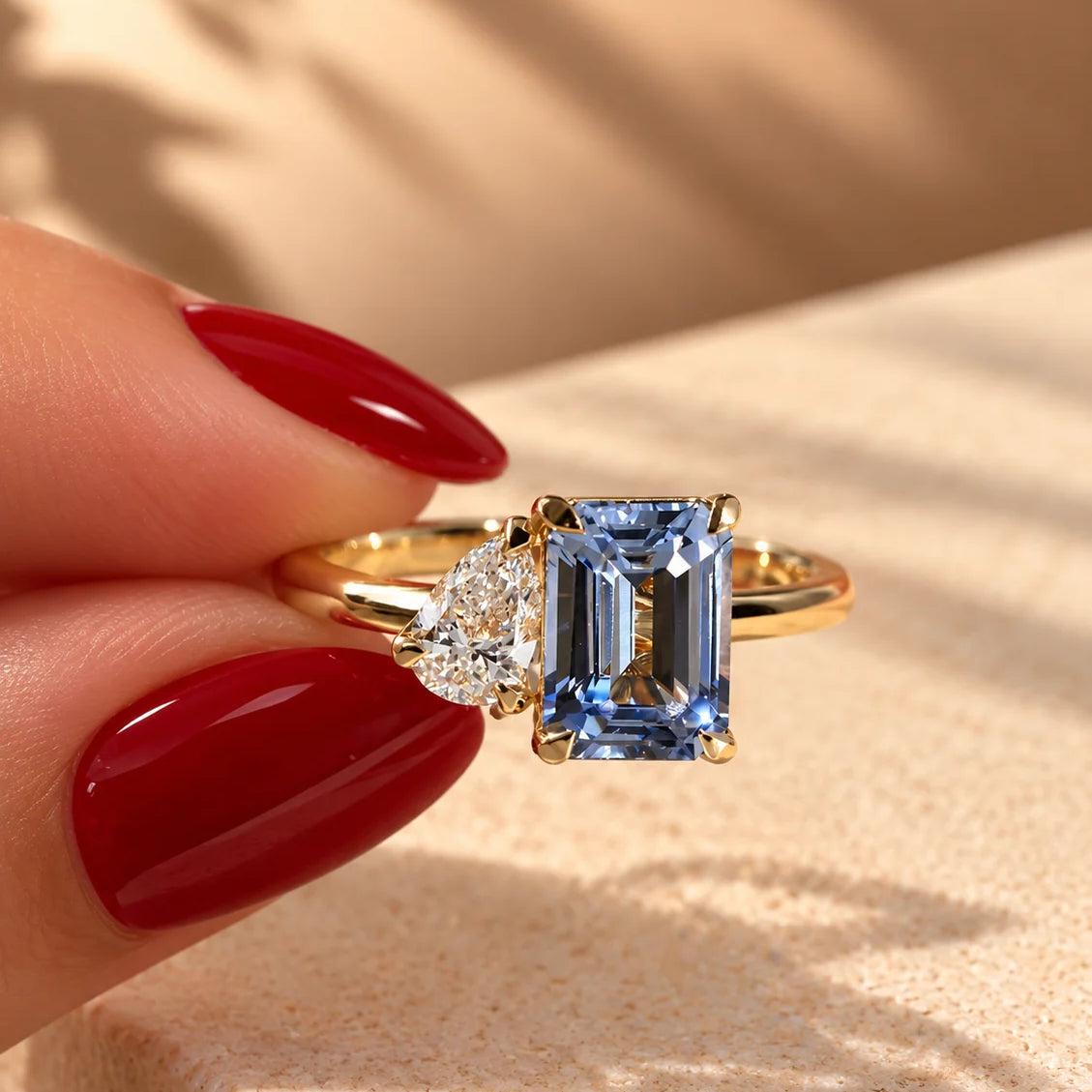 Common :: 2ct Blue Emerald and 0.50ct Pear lab grown diamond ring