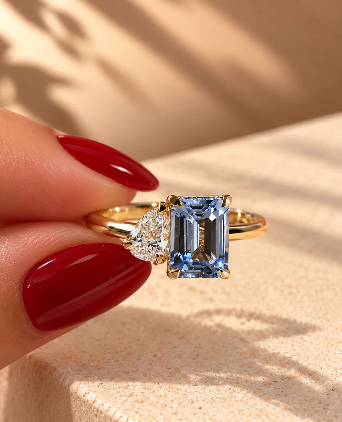 Common :: 2ct Blue Emerald and 0.50ct Pear lab grown diamond ring
