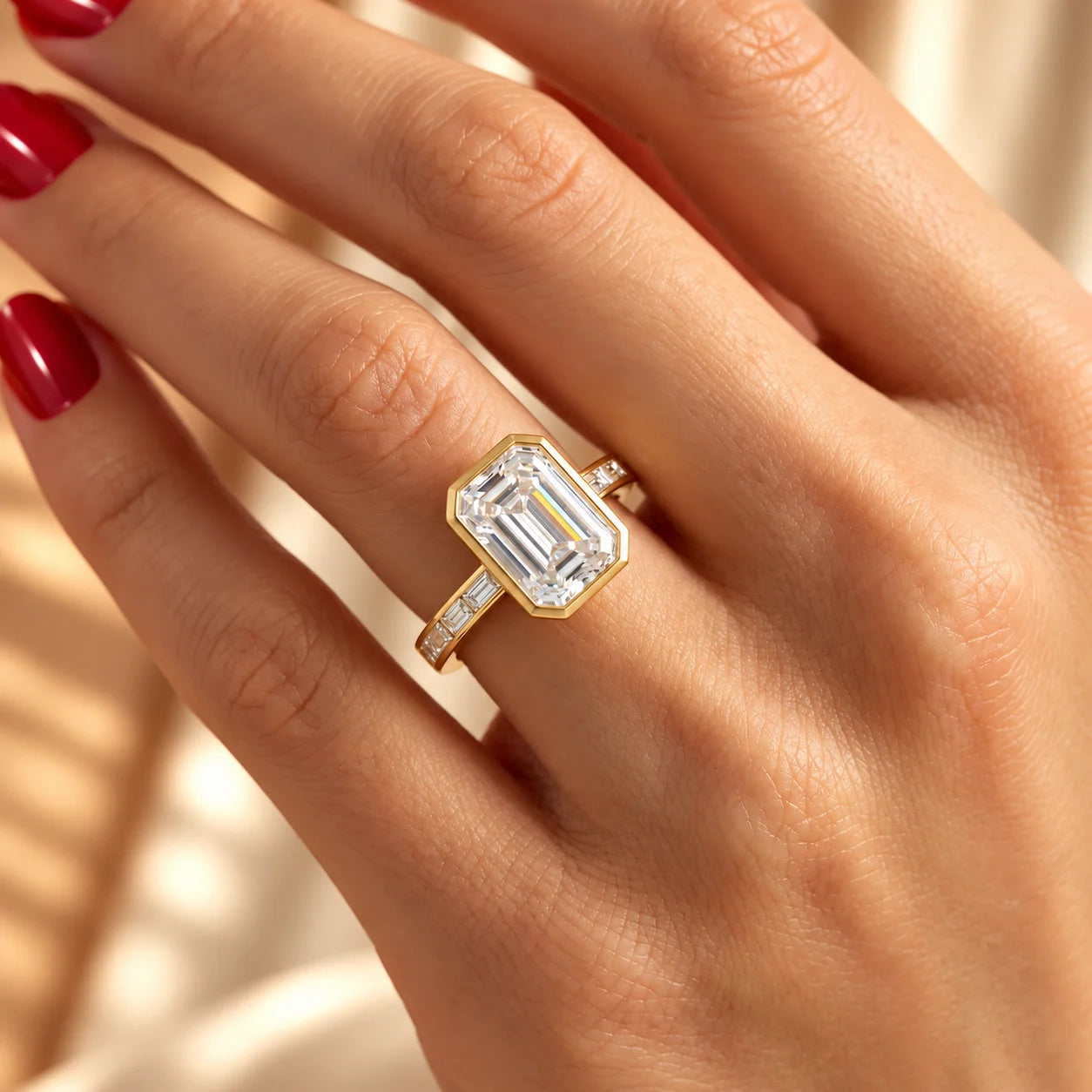 Common :: 2CT Emerald Lab Grown Diamond Ring with Baguette side diamonds