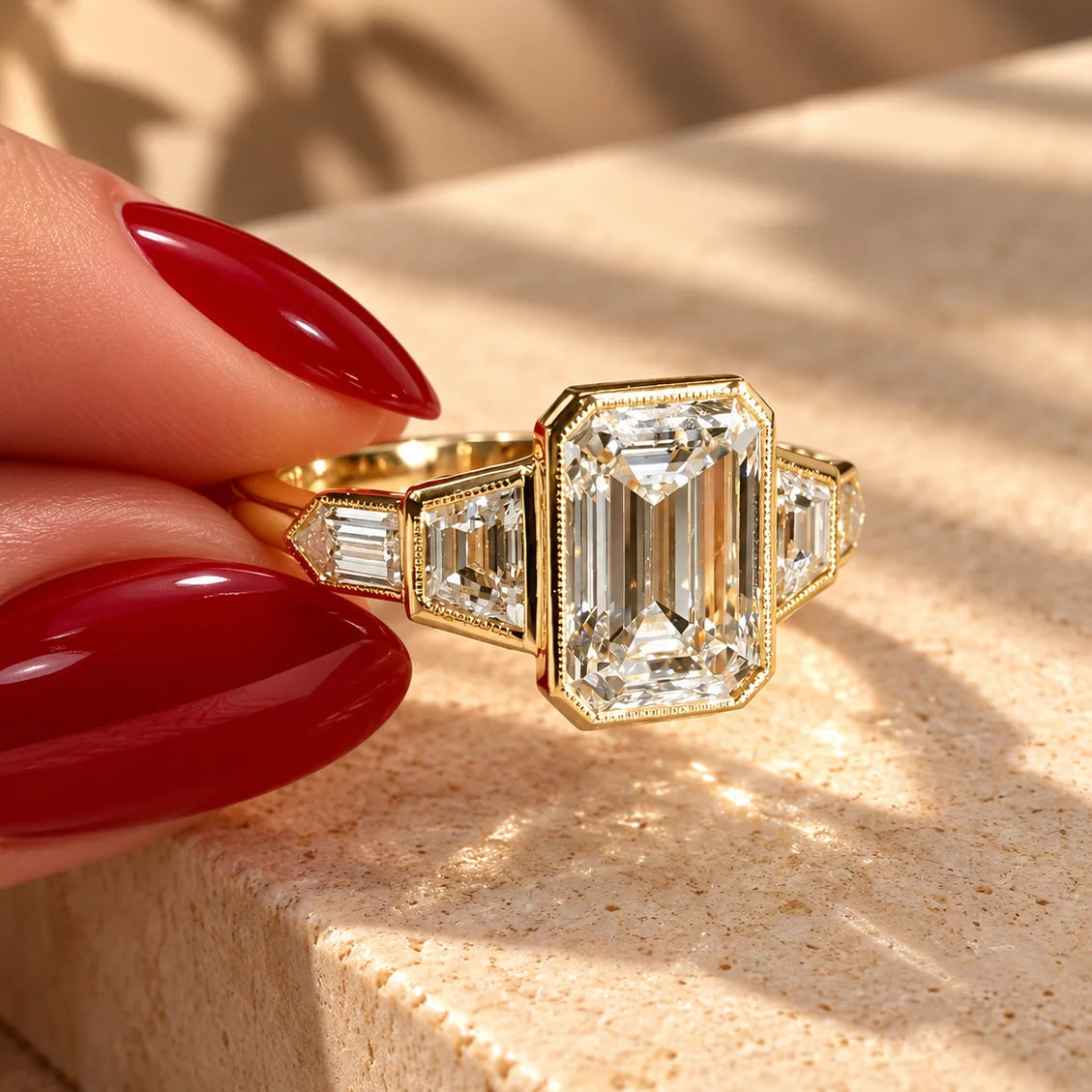 Common :: 2ct Emerald lab grown diamond with Trapezoid and Baguette side diamonds