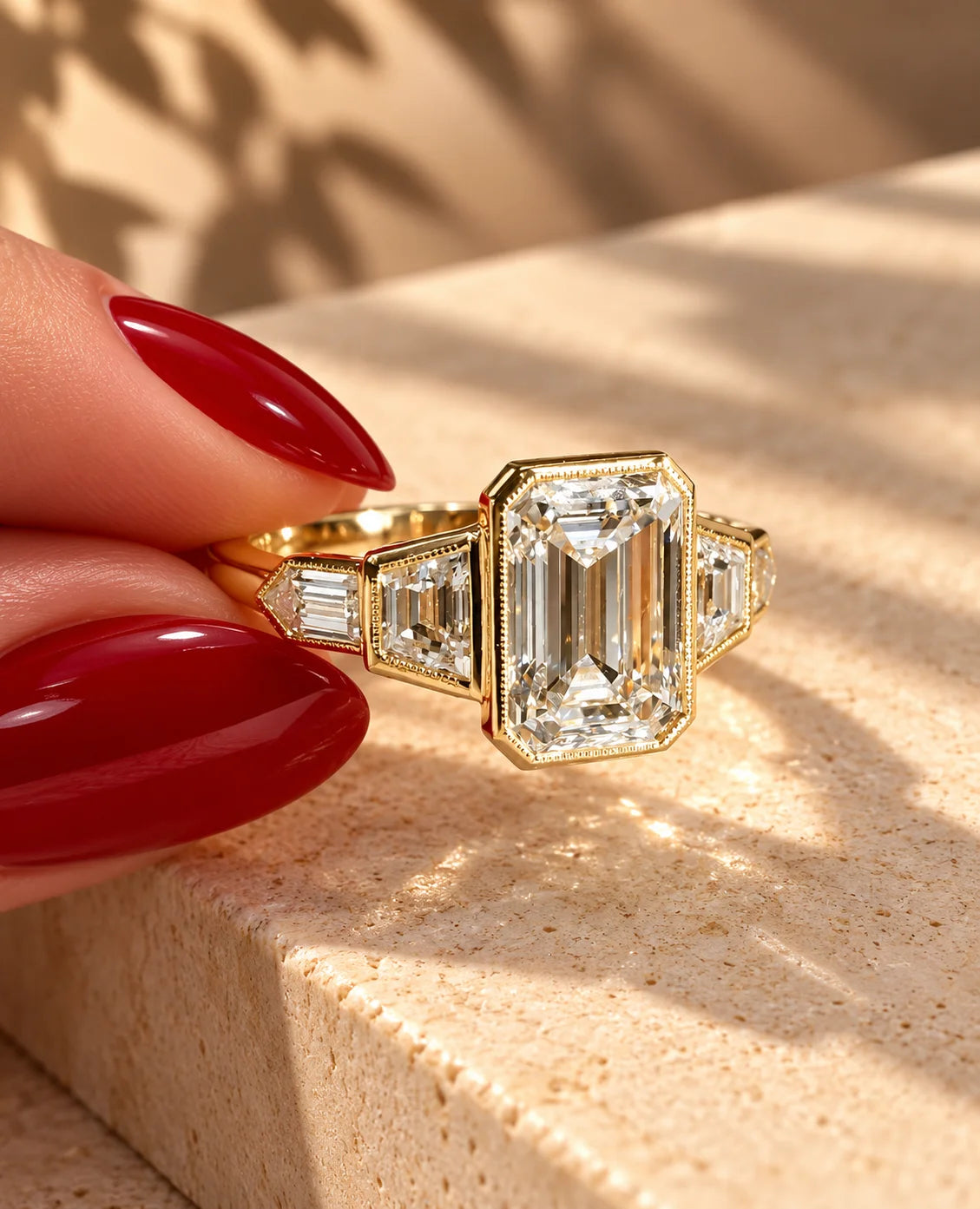 Common :: 2ct Emerald lab grown diamond with Trapezoid and Baguette side diamonds