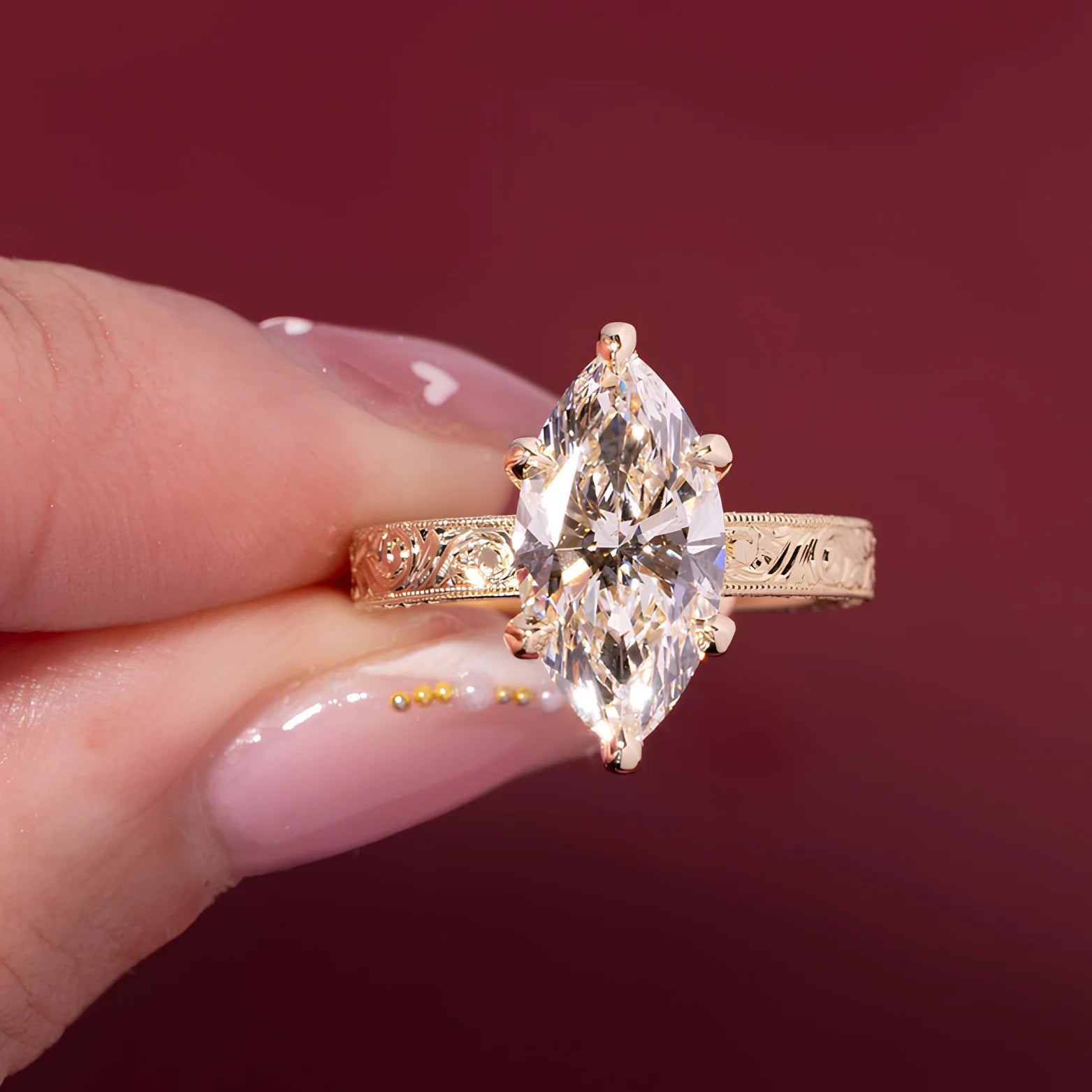 Common :: 2.00CT marquise lab grown diamond vintage solitaire engagement ring with IGI certification.