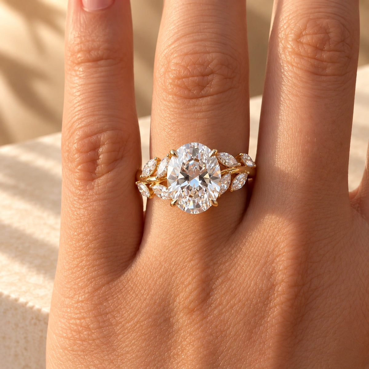Common :: 2.00ct Oval lab grown diamond ring with eight Marquise diamond accents