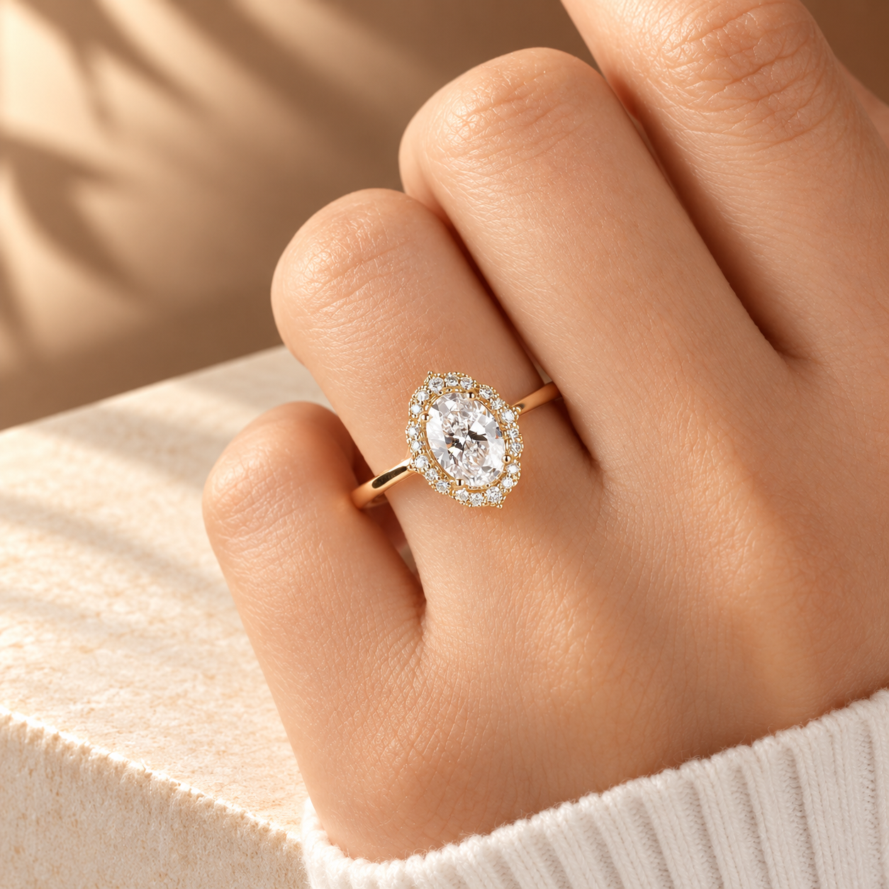 Common :: 2.00ct Oval lab grown diamond engagement ring with Round diamond halo