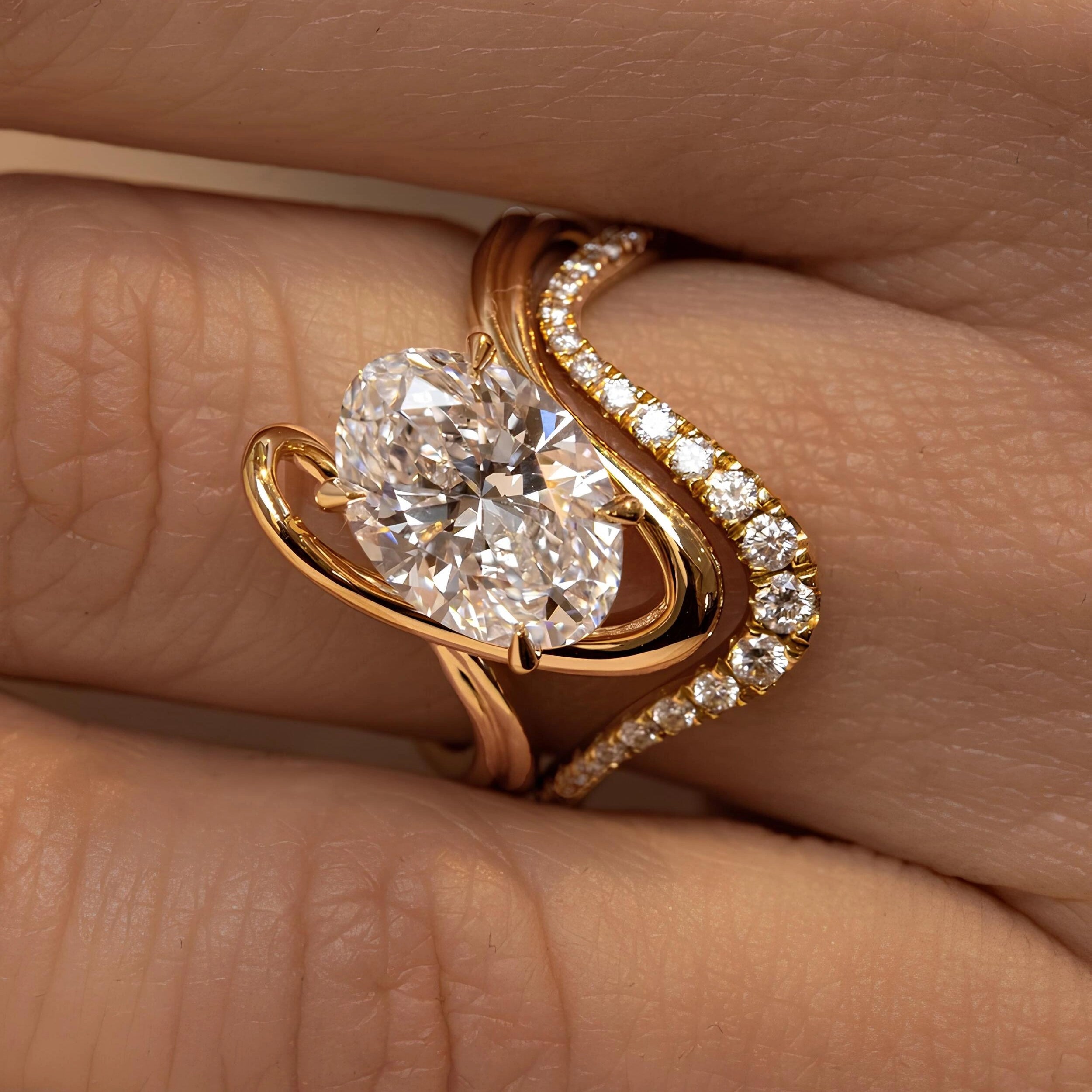 Common :: 2.00ct oval lab grown diamond solitaire ring with flowing metal design