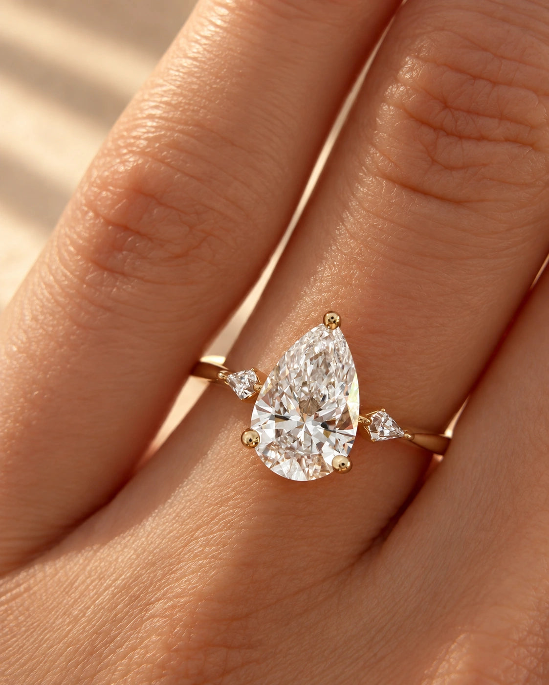Common :: 2ct Pear lab grown diamond engagement ring with Kite side diamonds