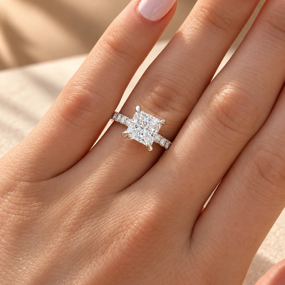 Common :: 2.00ct Princess Cut lab grown diamond ring with Round pavé accents