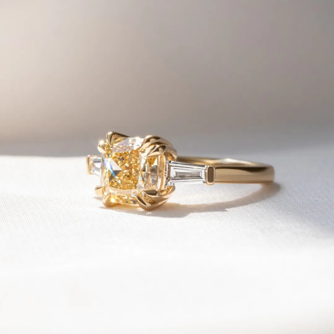 Common :: high end yellow cushion lab grown diamond ring luxury bridal jewelry