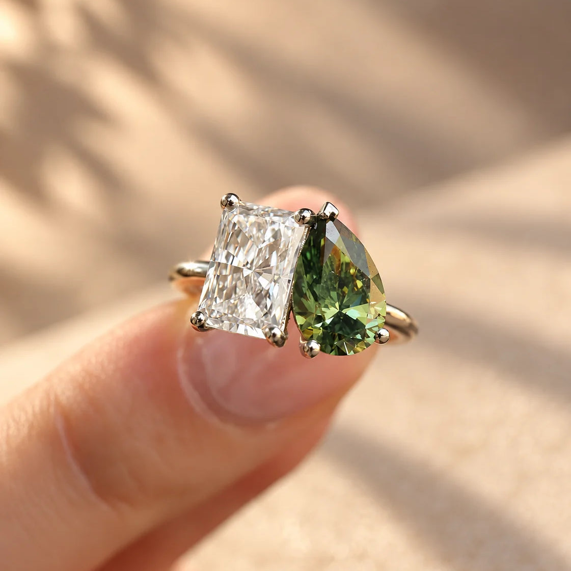 Common :: Unii Jewels 3.50TCW Radiant and Green Pear Toi Et Moi engagement ring