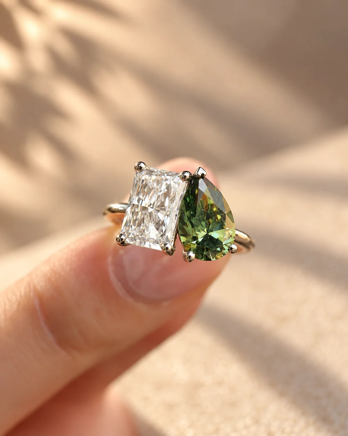 Common :: Unii Jewels 3.50TCW Radiant and Green Pear Toi Et Moi engagement ring