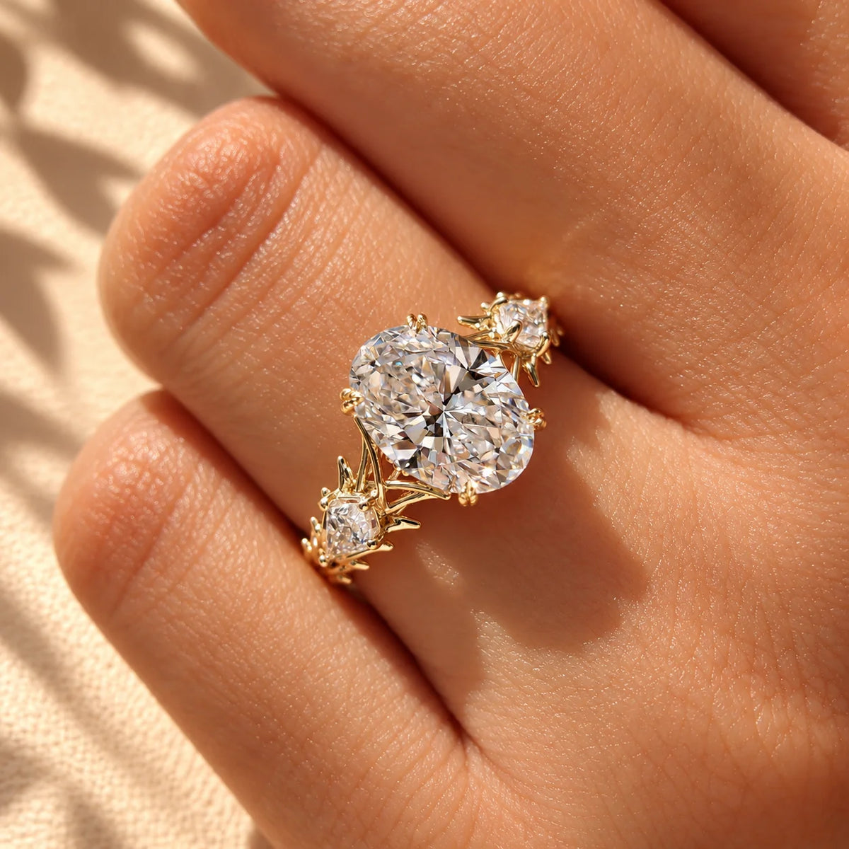 Common :: Unii Jewels 3.60TCW Oval and Pear Three Stone Nature Inspired engagement ring