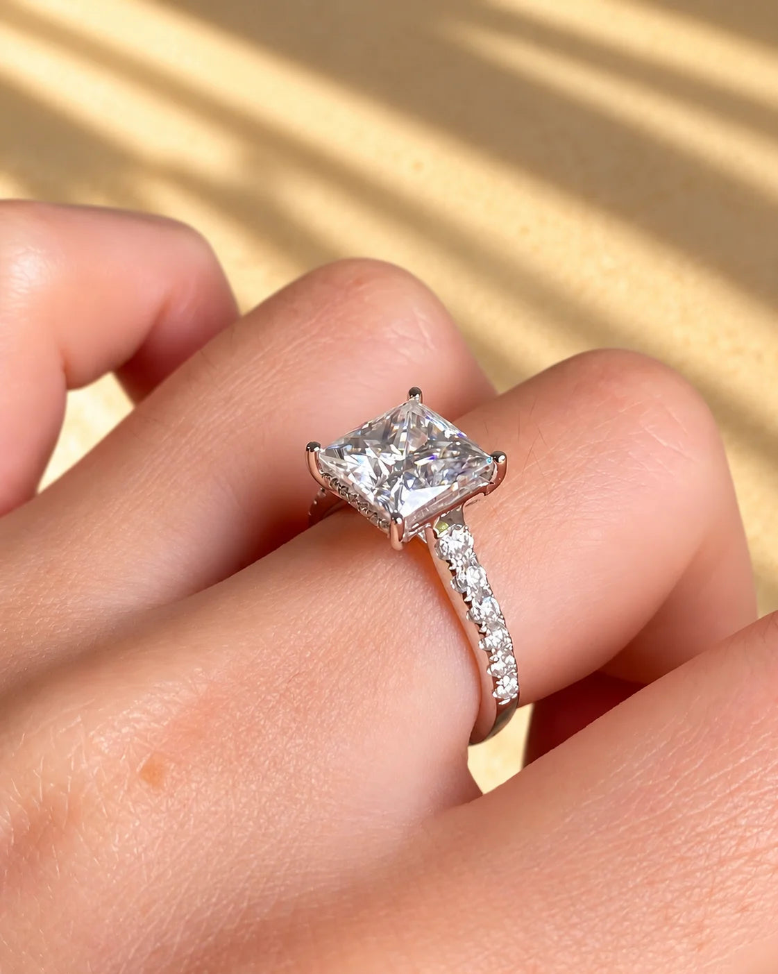 Common :: 3.60TCW lab grown diamond ring with a 3.00CT princess center and 0.60TCW princess accents.
