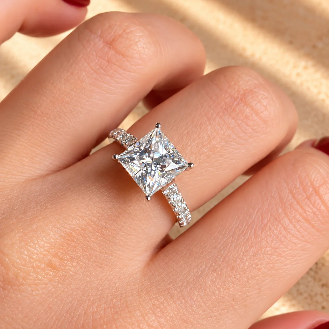 Common :: 3.60TCW princess lab grown diamond hidden halo engagement ring with princess-cut accent diamonds.
