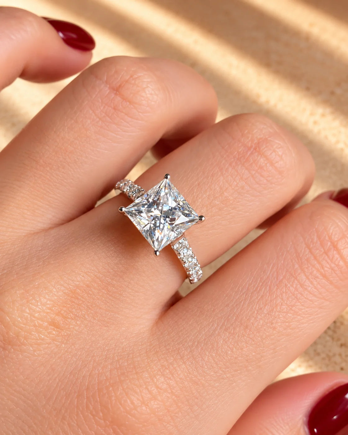 Common :: 3.60TCW princess lab grown diamond hidden halo engagement ring with princess-cut accent diamonds.