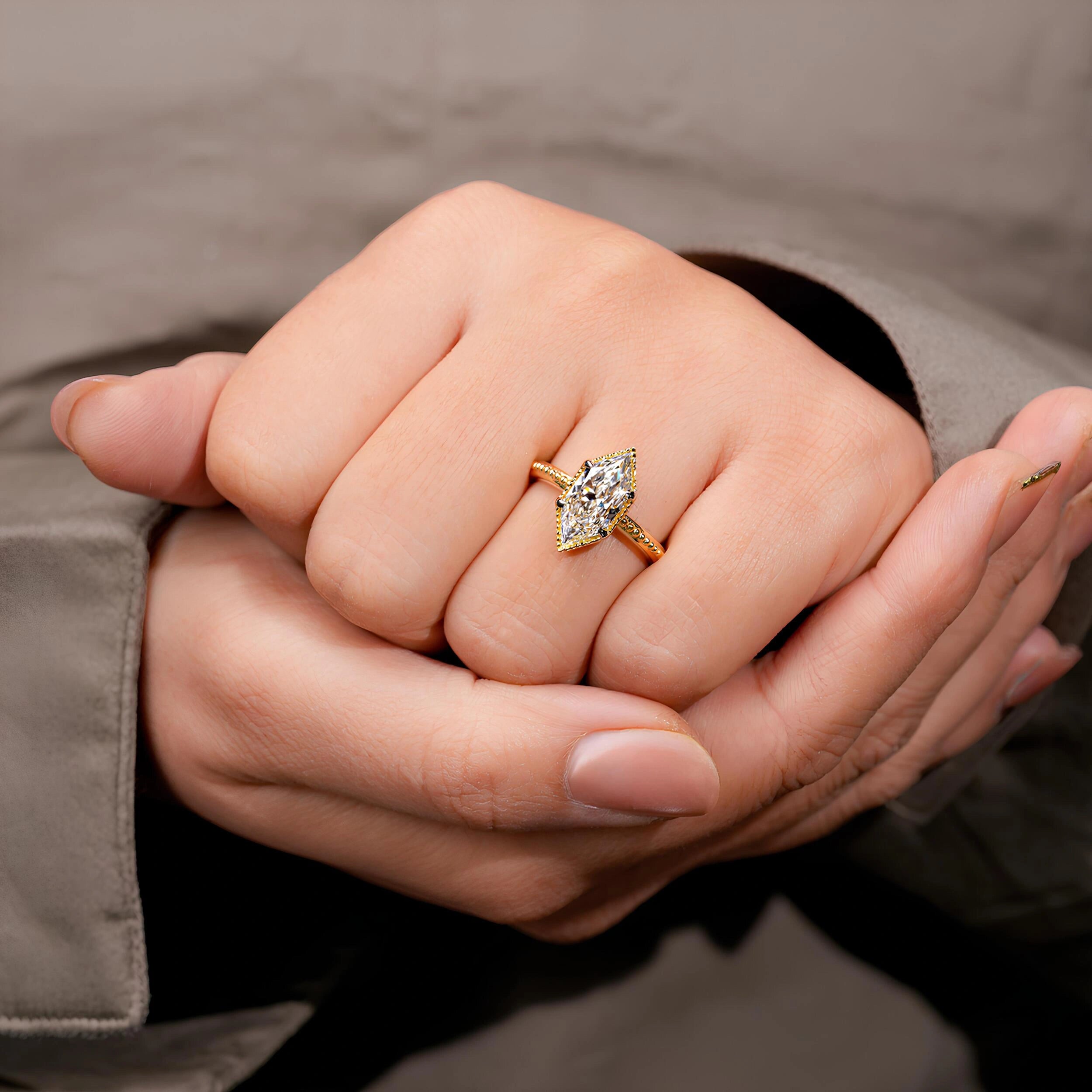 Common :: 3 carat elongated Dutch Marquise lab grown diamond engagement ring