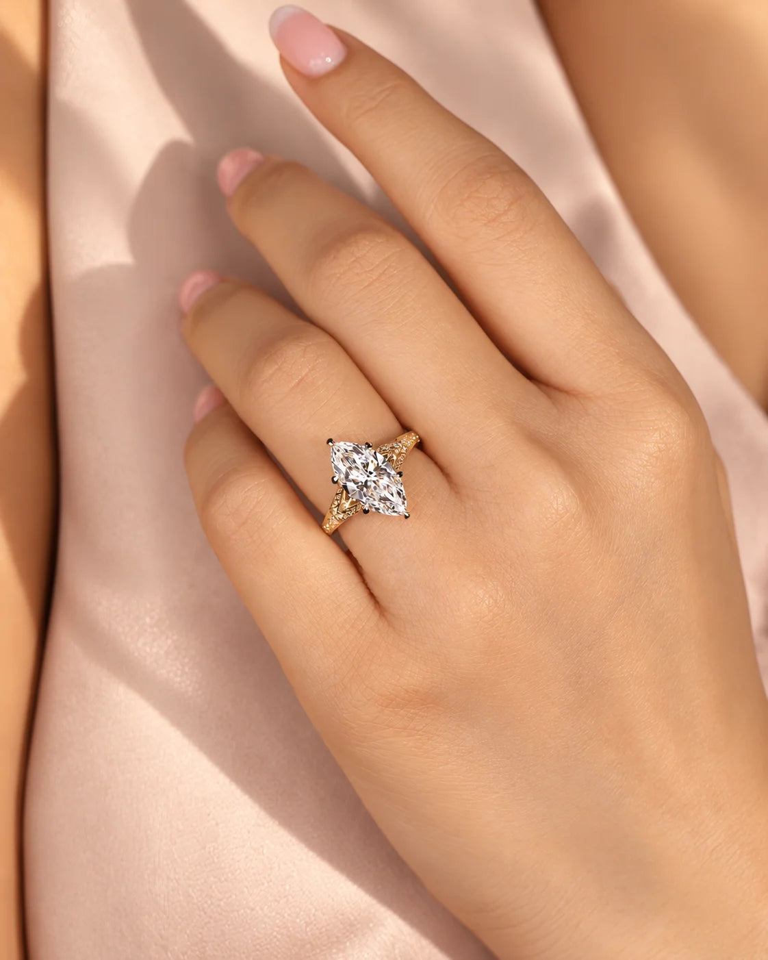 Common :: 3 carat Marquise lab grown diamond ring with ornate vintage metalwork