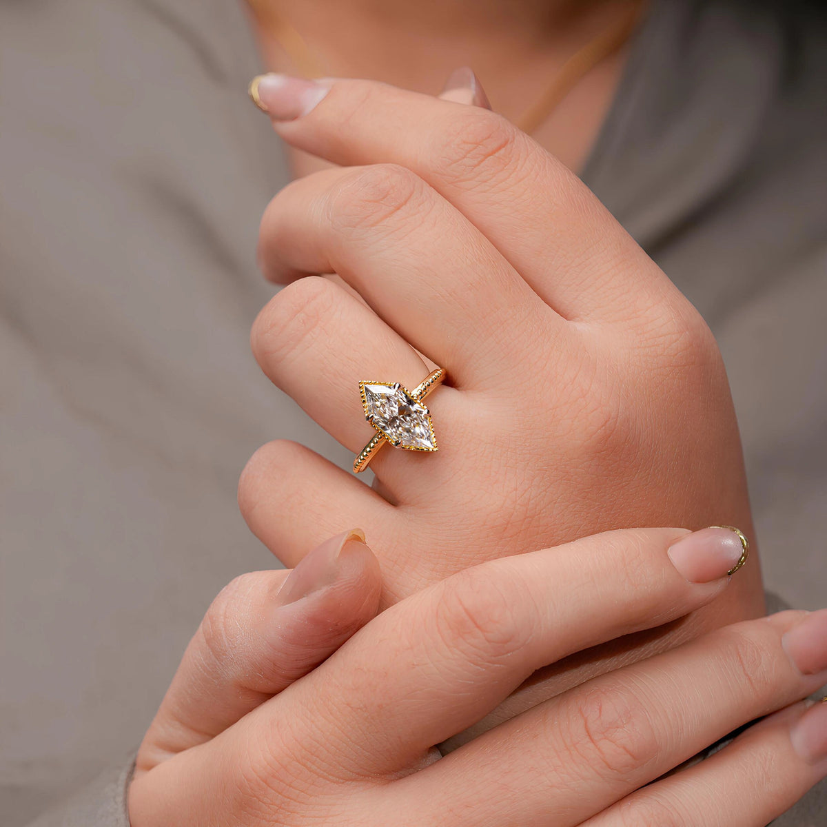 Common :: 3ct lab grown diamond engagement ring with angular Dutch Marquise center