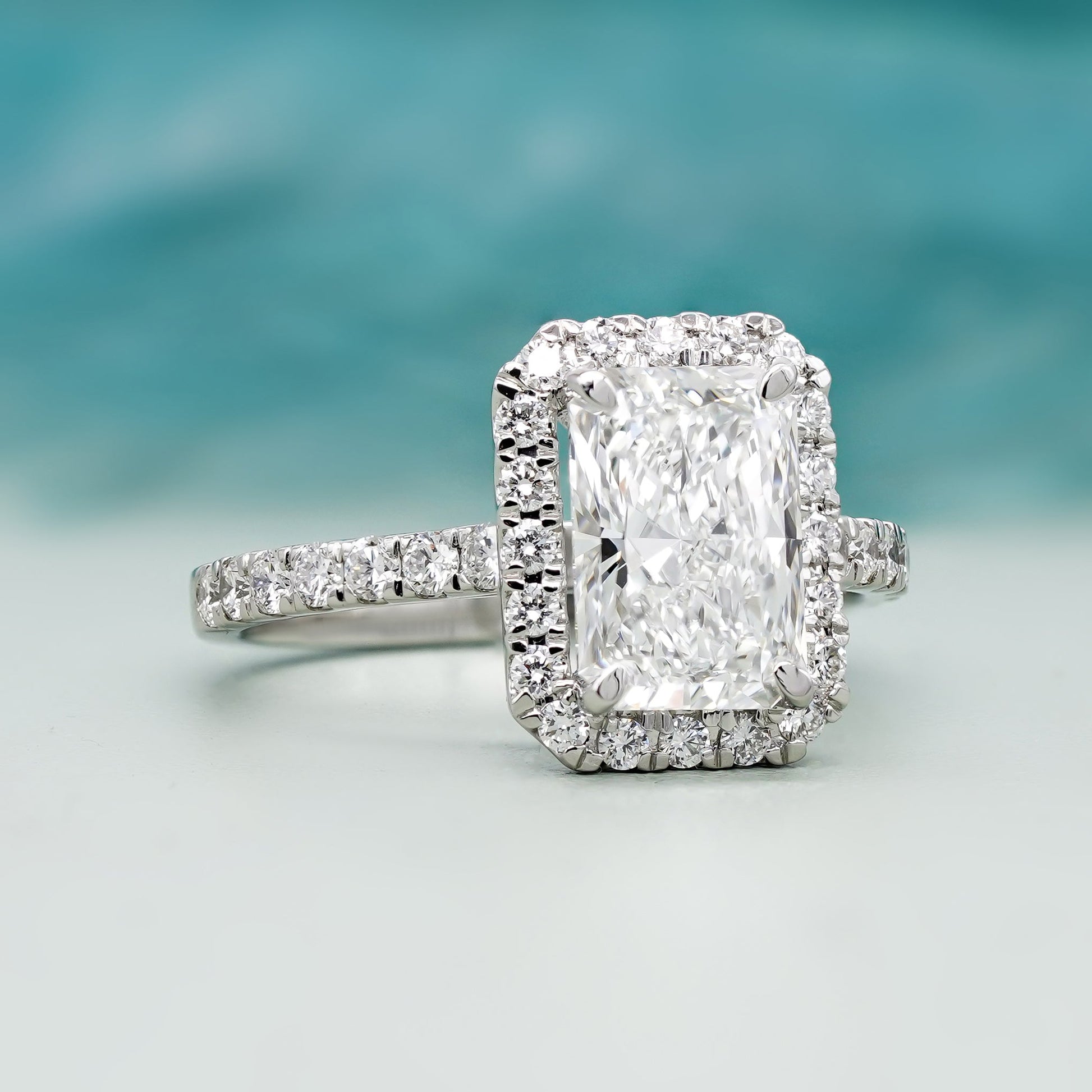 Radiant 2.60tcw Lab Created Diamond Ring | Pavé Halo Cathedral Setting | VVS-VS Clarity | DEF Color | Sustainable Luxury
