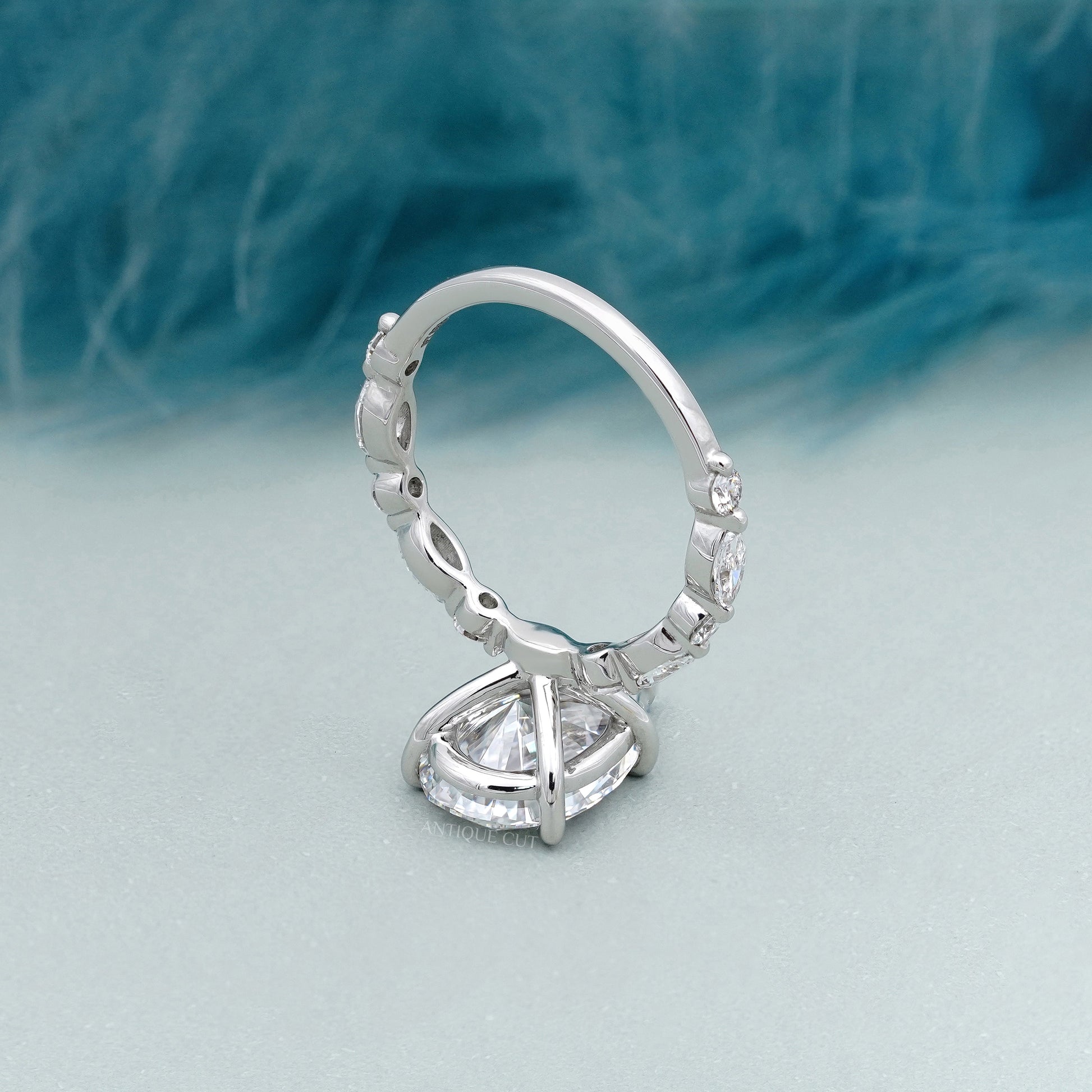 2.80ct Pear Cut Diamond Engagement Ring | 0.60ct Side Stones | 14K White Gold | Marquise Band | Antique Cut Fine Jewelry