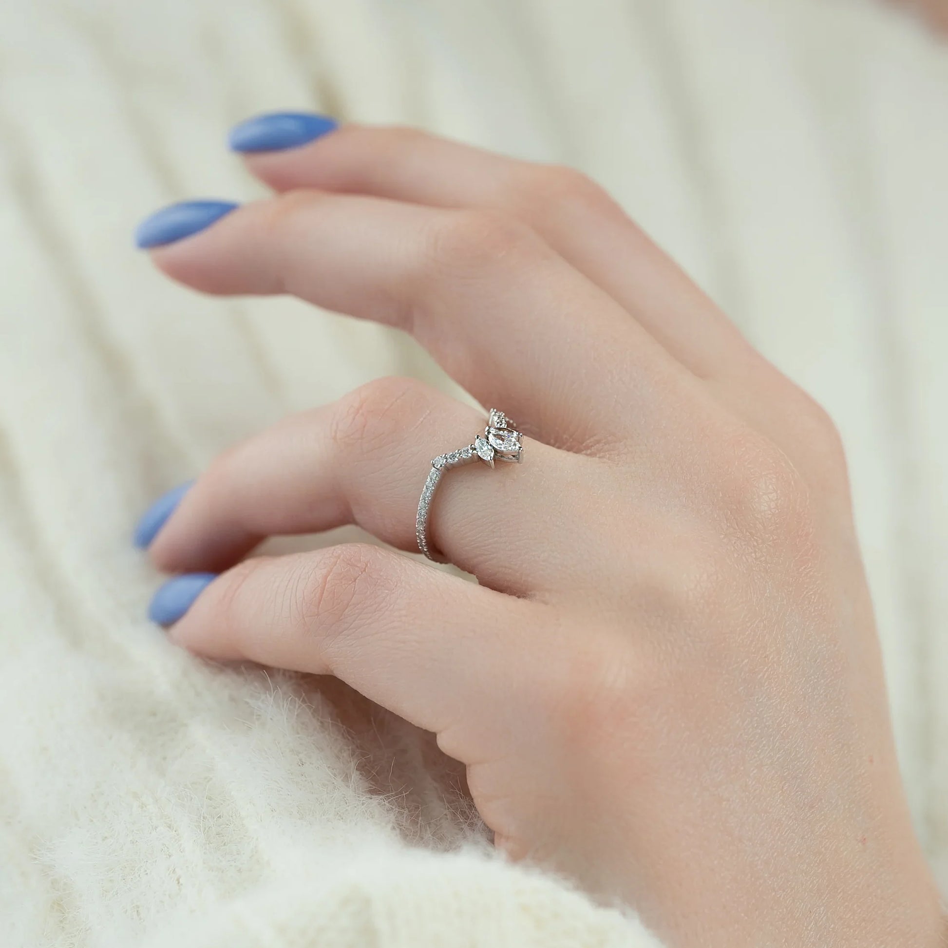 0.40ct Marquise & Round Pavé Diamond Chevron Ring | IGI Certified