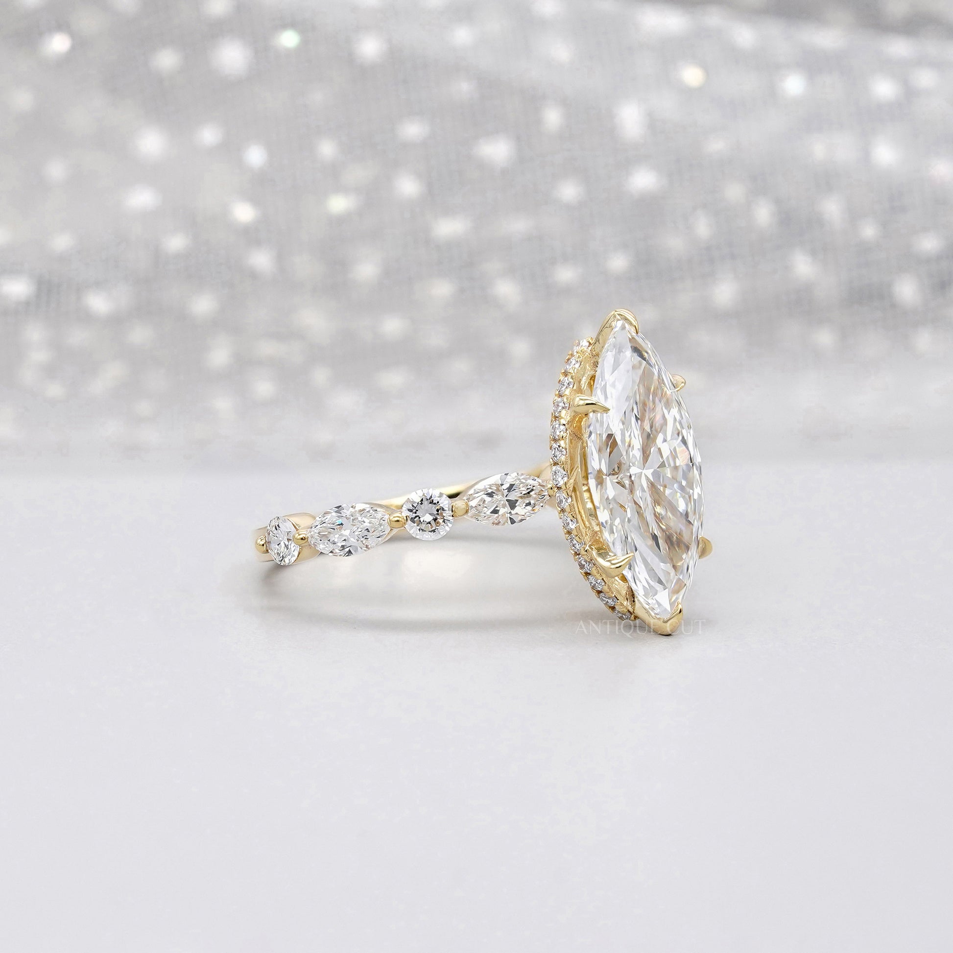 Marquise 4.00tcw Lab Grown Diamond Engagement Ring | IGI Certified | Yellow Gold | Unique Diamond Band