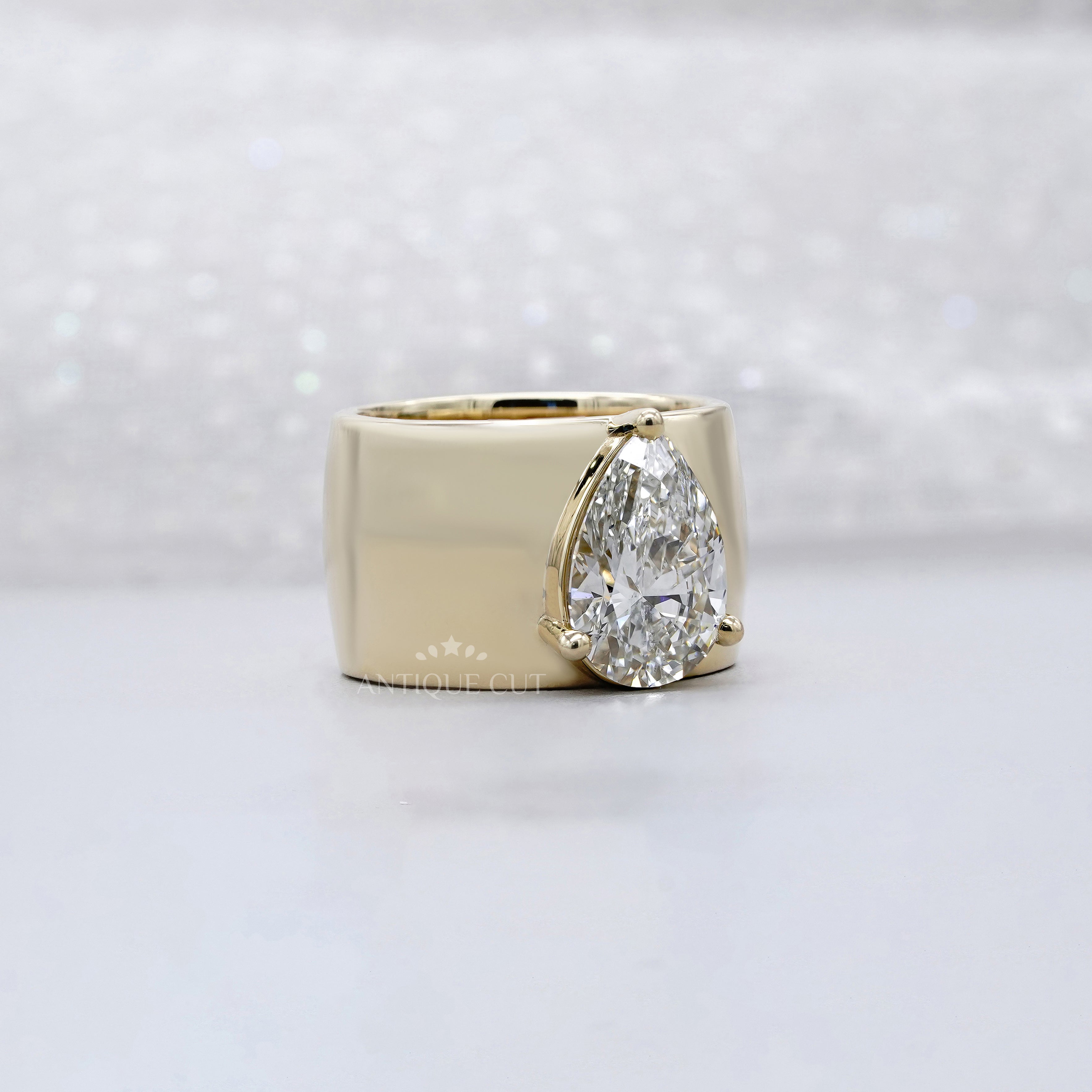 3.00ct Pear Lab Grown Diamond Wide Band Ring | Modern Yellow Gold
