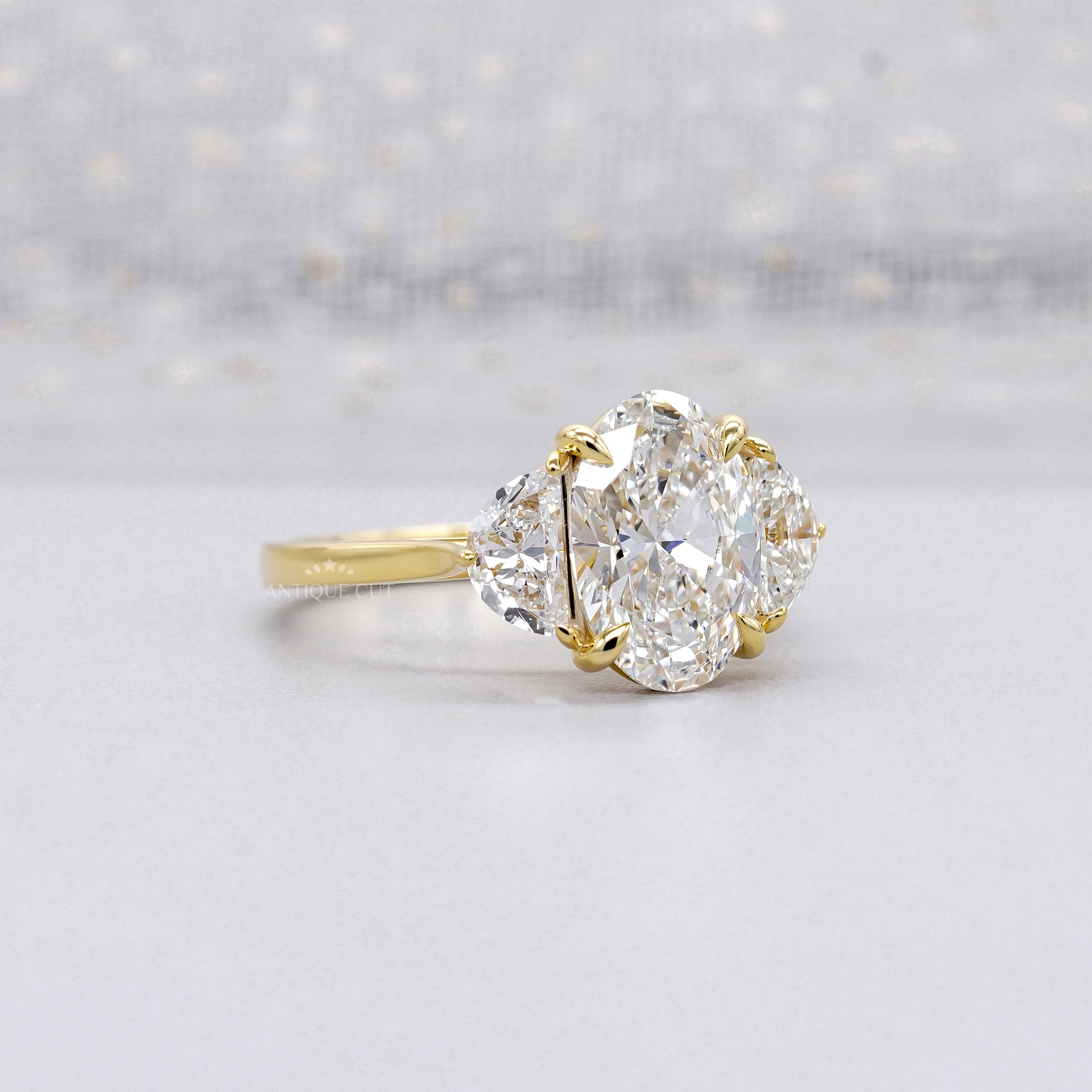 Oval Cut Diamond Engagement Ring | Three Stone Gold Ring | 2.70ct Center + 0.80ct Side Stones | Unique Anniversary Ring