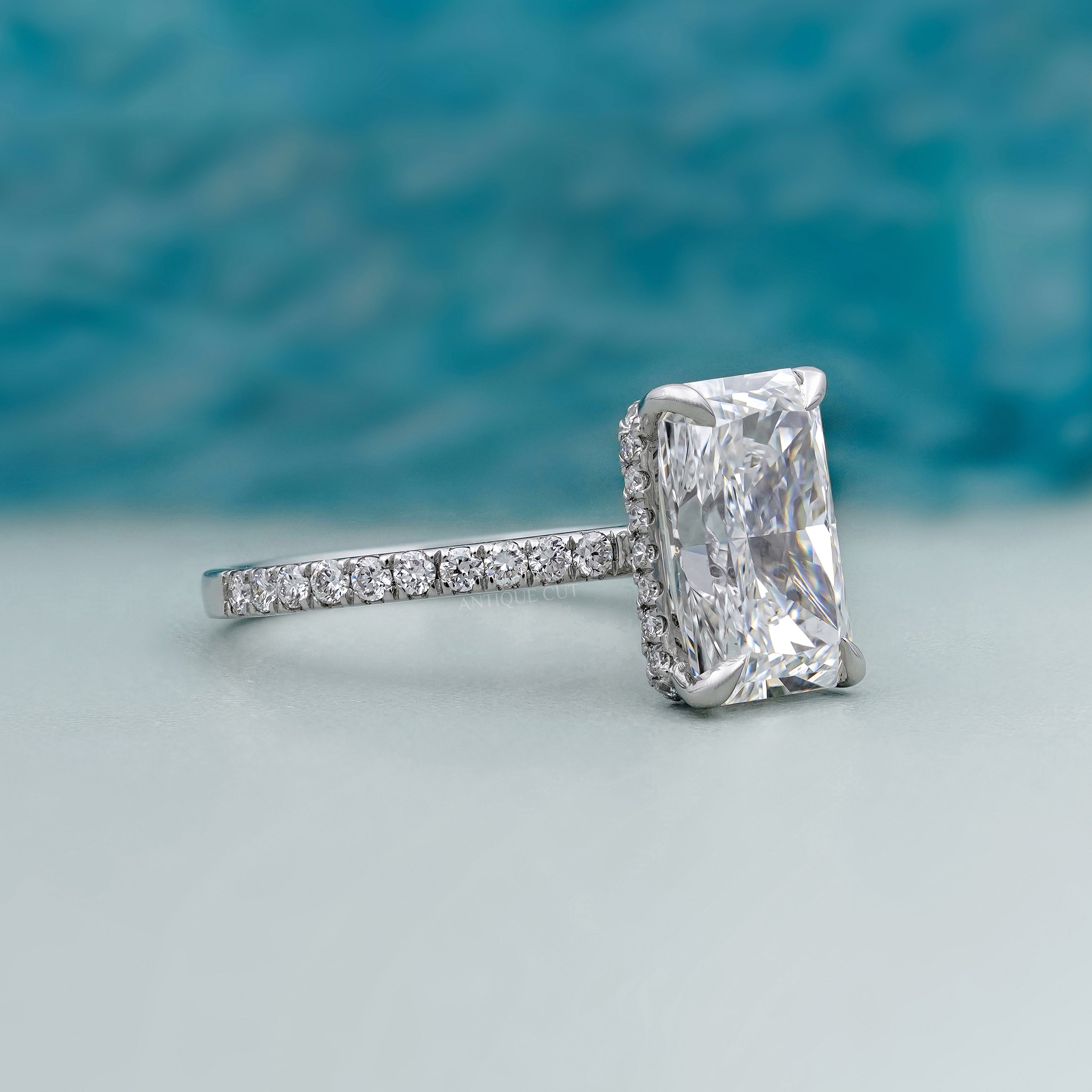 5.00ct Radiant Cut Diamond Engagement Ring | Hidden Halo with 0.70ct Side Stones | 14K Gold Solitaire Pave Band | Luxury Bridal Ring