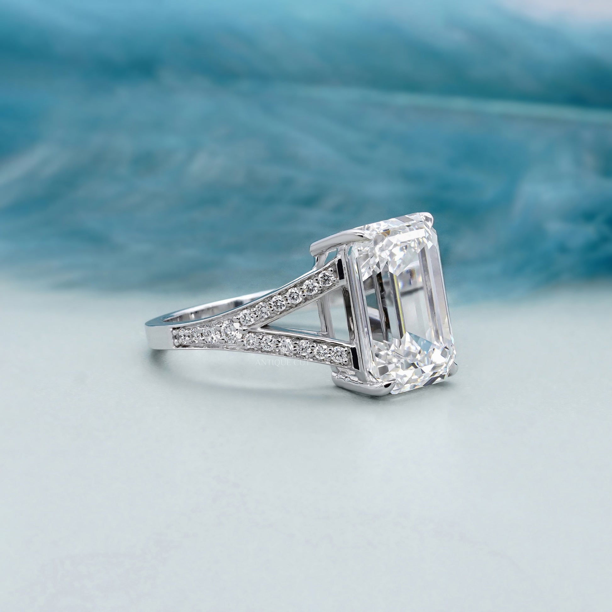 Emerald Cut 7.50tcw Lab Grown Diamond  Pavé Split Shank Engagement Ring | IGI Certified