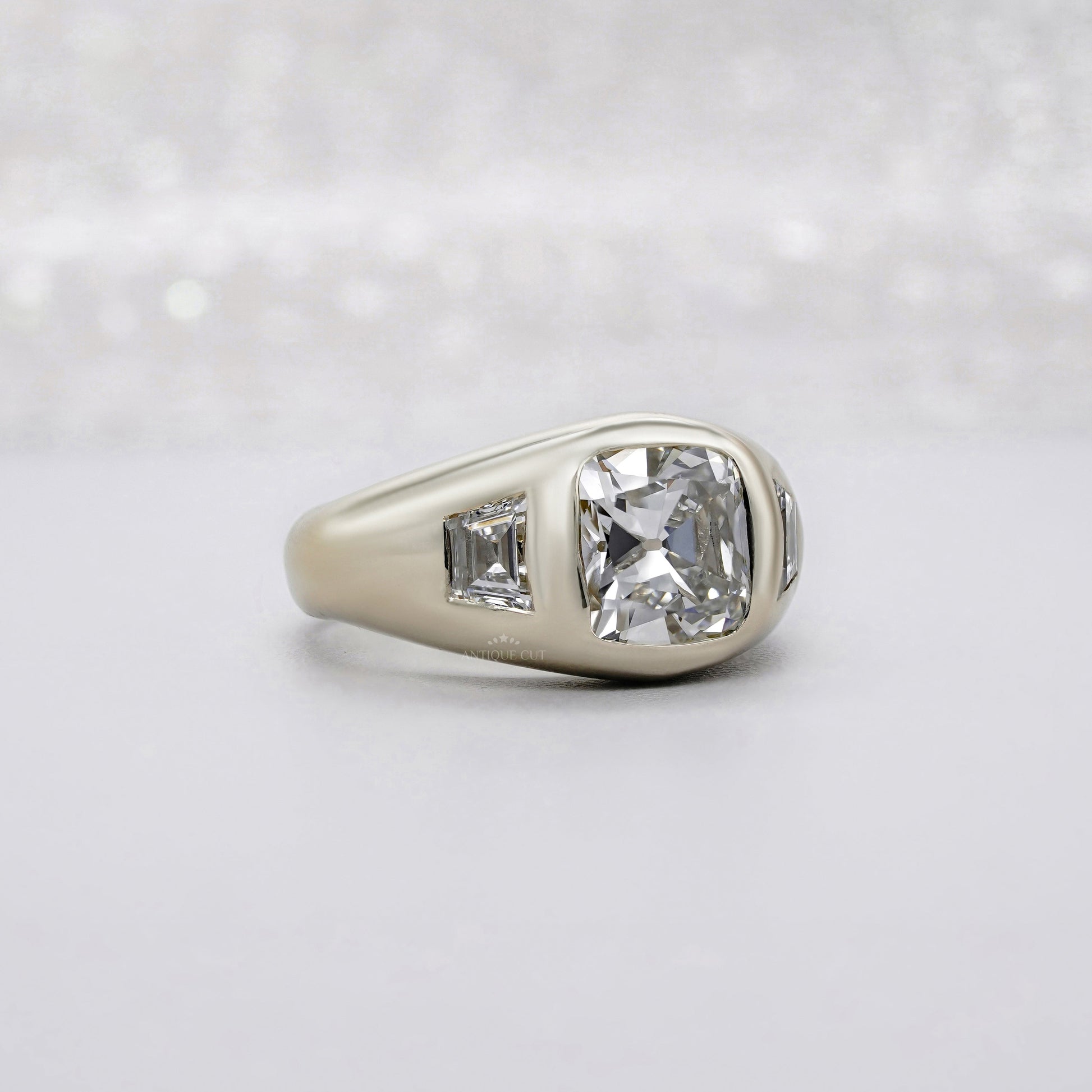 Cushion 3.70tcw Lab Diamond Ring | Baguette Side Stones | Signet Style | IGI Certified