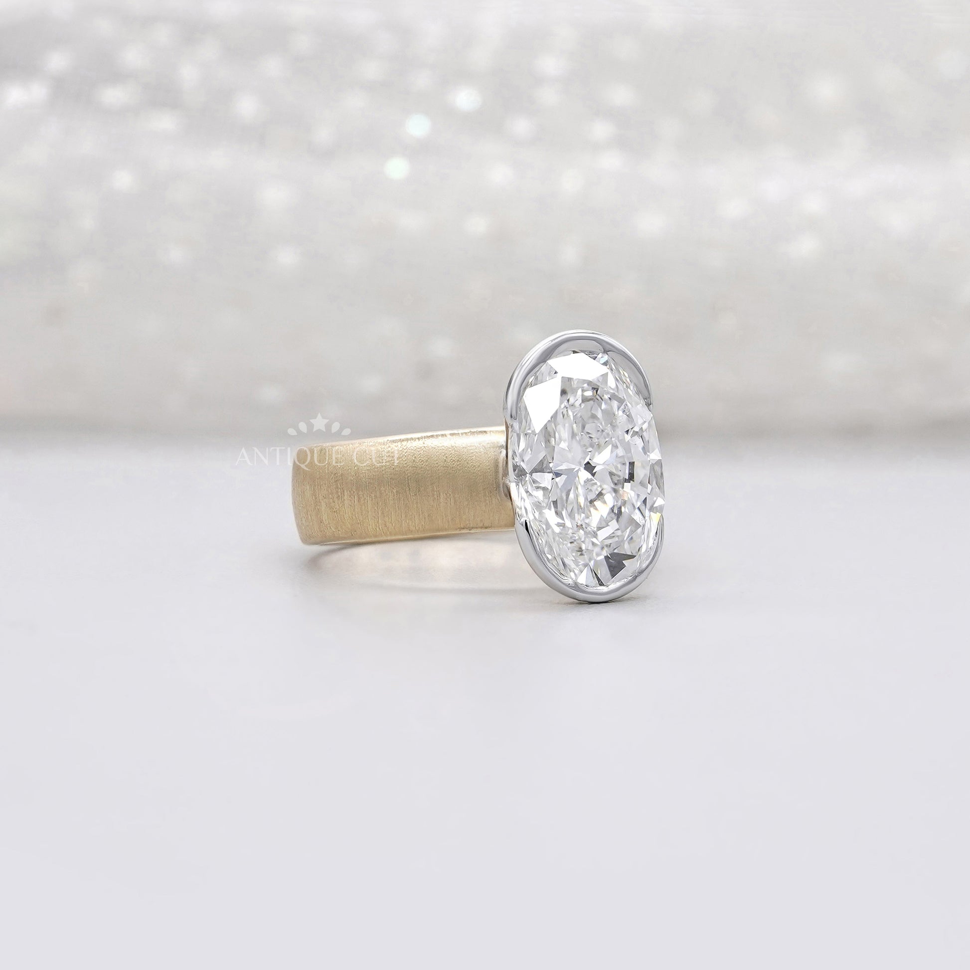 4ct Oval Lab Grown Diamond Bezel Engagement Ring | Paper Matte Finish | Two-Tone Gold | IGI Certified
