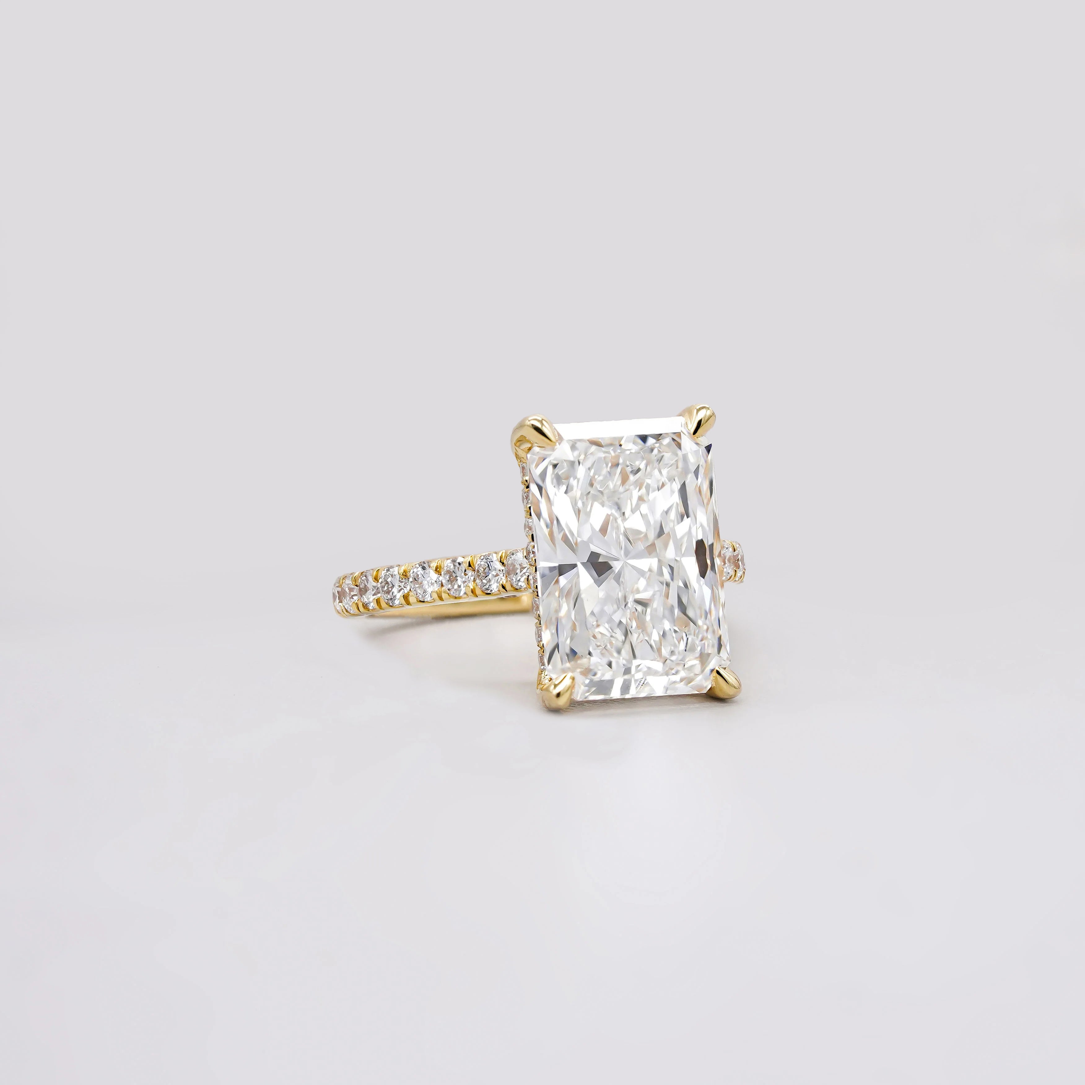 5.60tcw Radiant Lab Grown Diamond Engagement Ring | 5.00ct Radiant Center + 0.60ct Pavé & Hidden Halo | DEF VVS–VS | Cathedral 10K 14K 18K Yellow Gold | IGI Certified