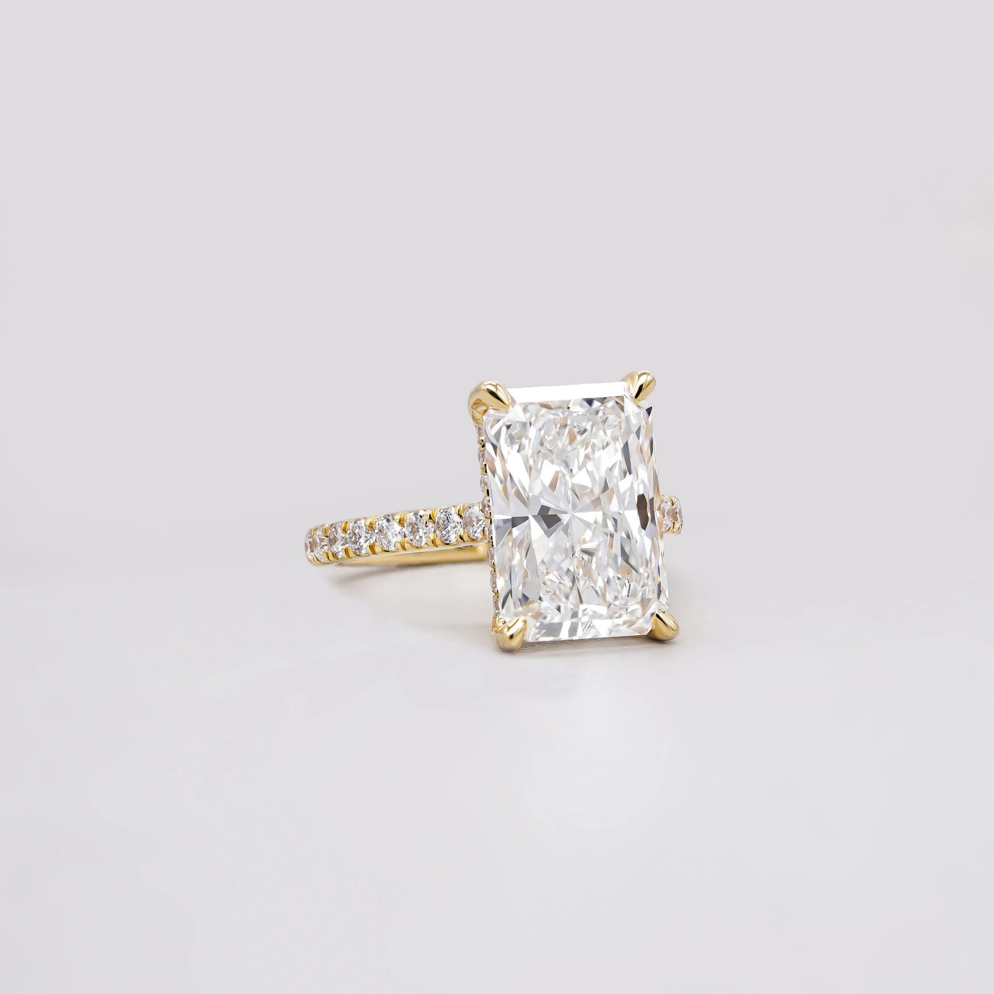 5.60tcw Radiant Lab Grown Diamond Engagement Ring | 5.00ct Radiant Center + 0.60ct Pavé & Hidden Halo | DEF VVS–VS | Cathedral 10K 14K 18K Yellow Gold | IGI Certified