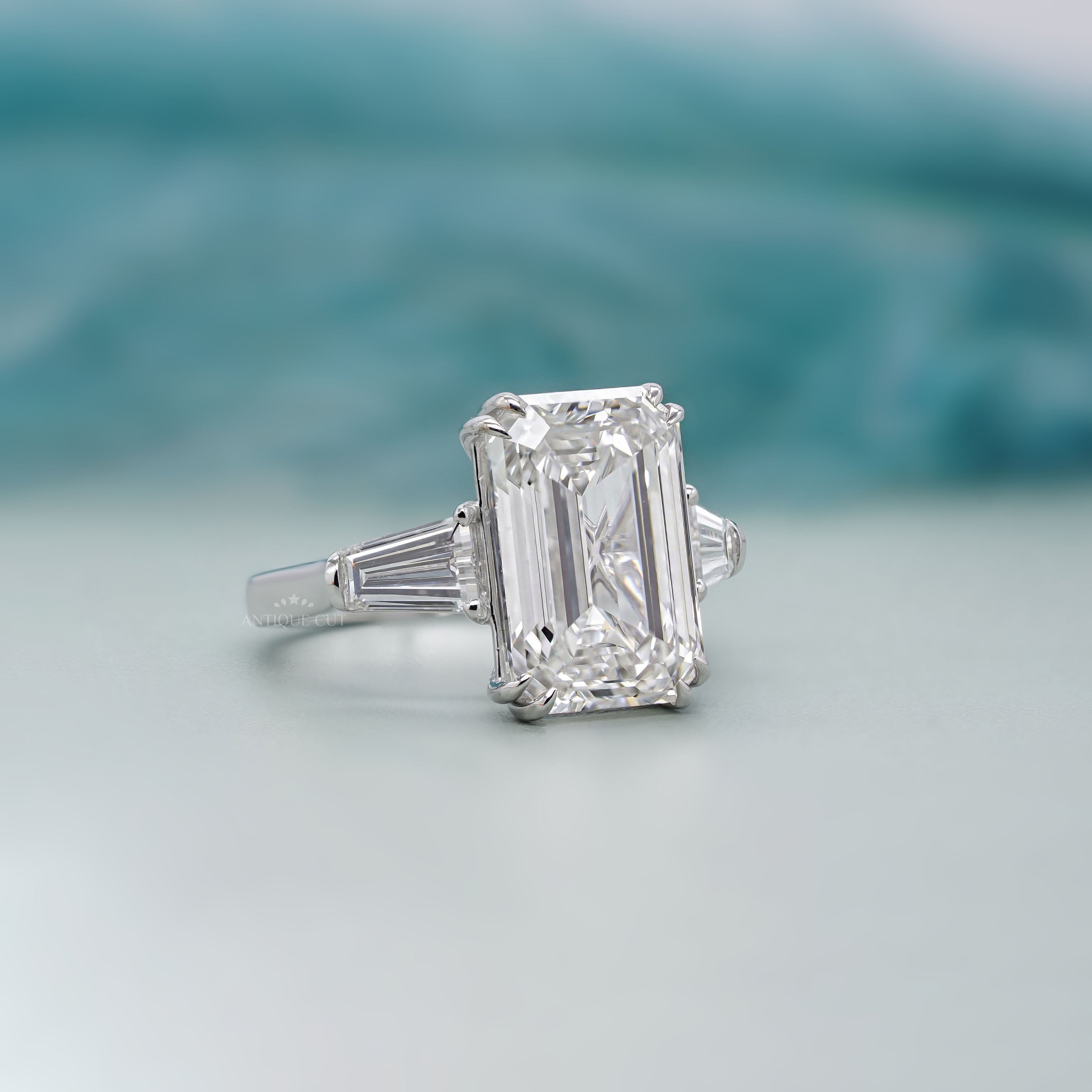 Emerald 6.60tcw Lab Grown Diamond Three Stone Engagement Ring | IGI Certified | White Gold