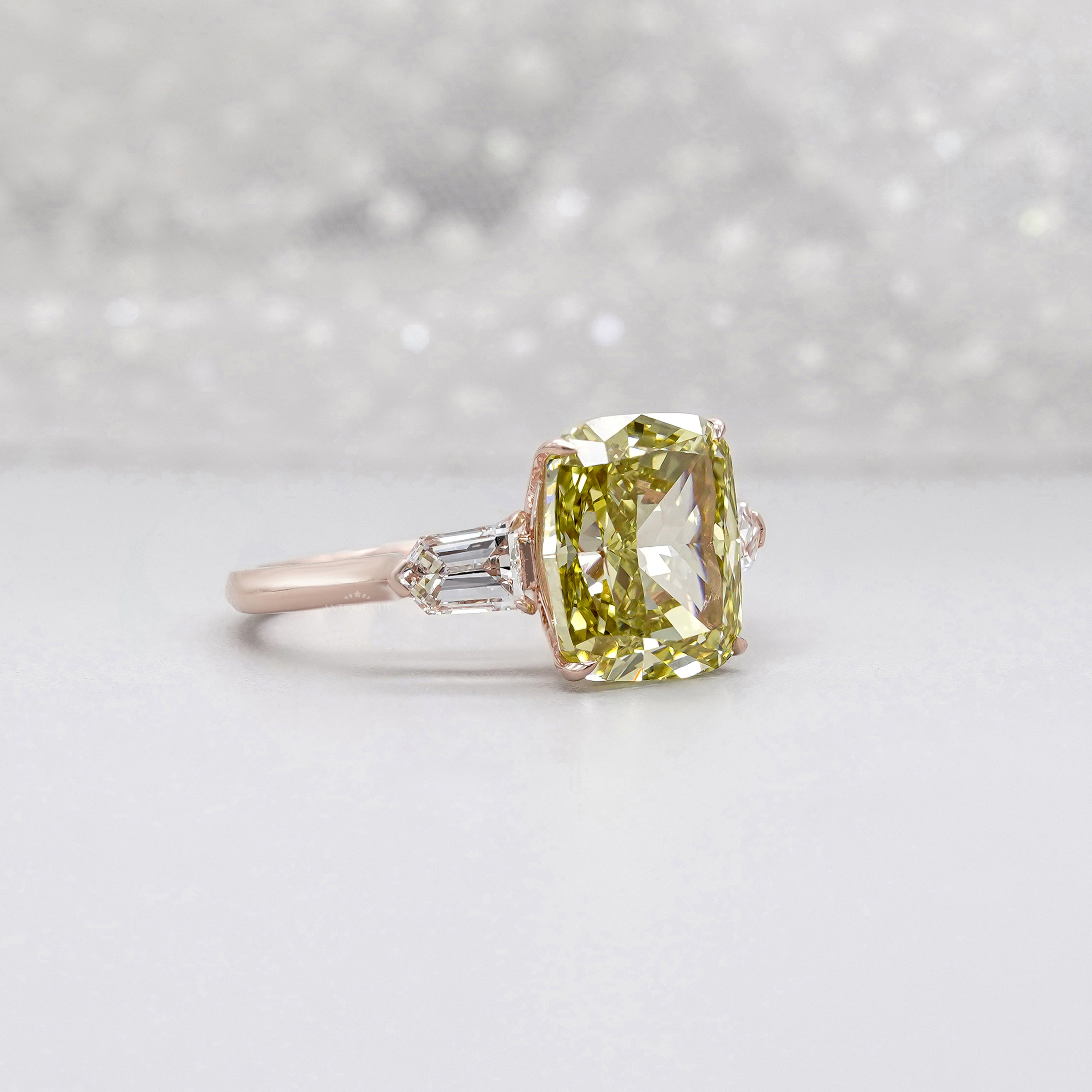 Fancy Yellow 6.50tcw Cushion Cut Lab Diamond Ring | Rose Gold Three-Stone | IGI Certified