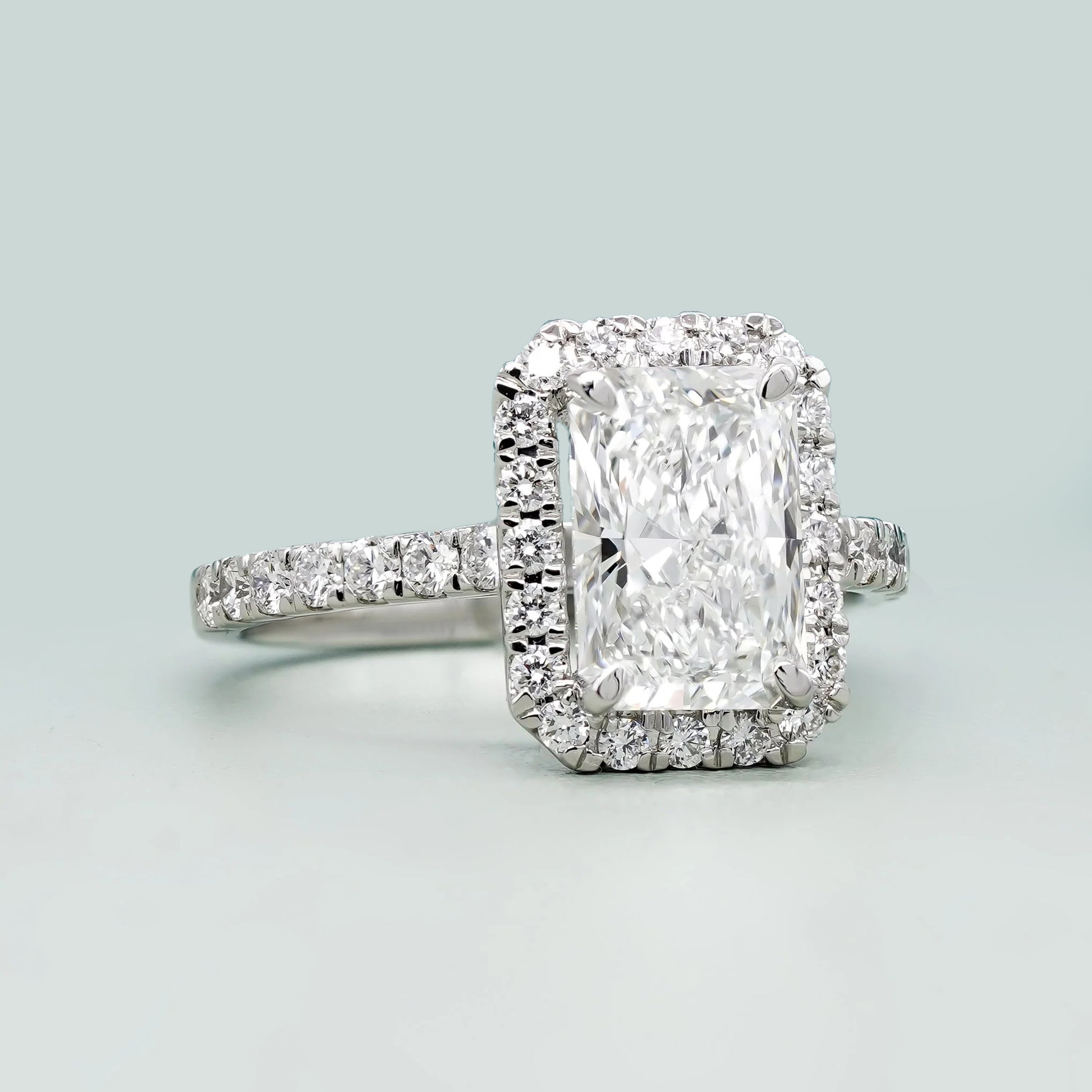 Radiant 2.60tcw Lab Created Diamond Ring | Pavé Halo Cathedral Setting | VVS-VS Clarity | DEF Color | Sustainable Luxury