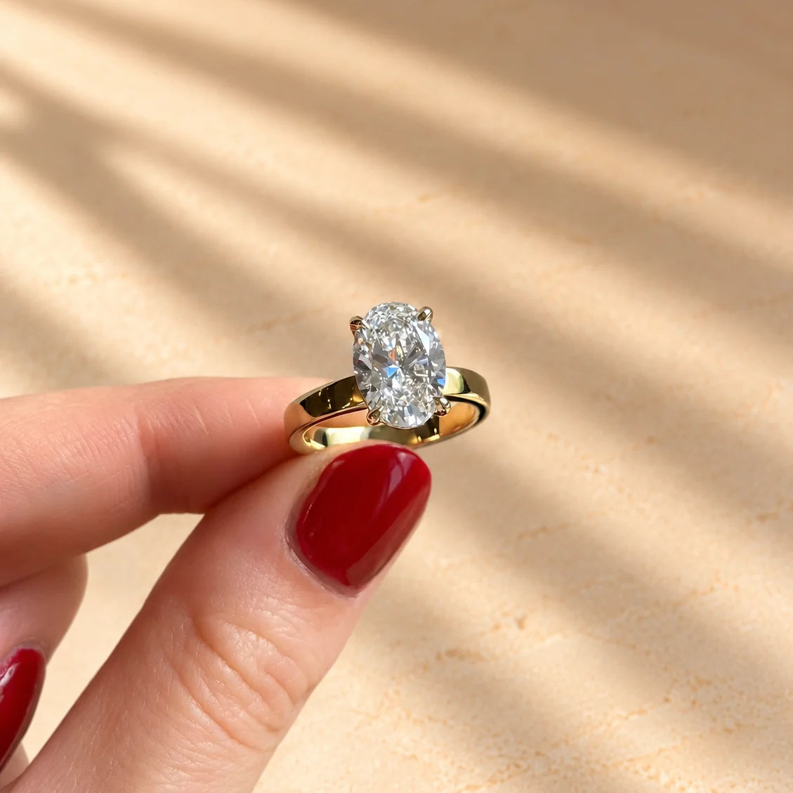 Common :: 3.00CT oval lab grown diamond solitaire engagement ring with IGI-certified center stone.