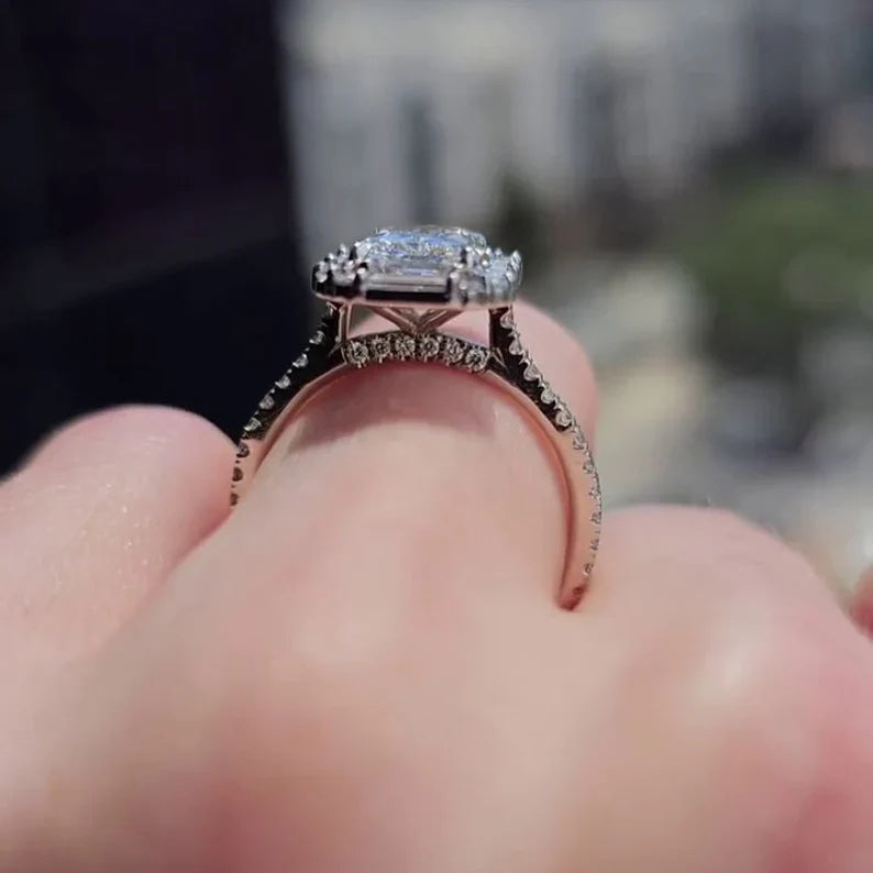 Radiant 3.00tcw Lab Diamond Halo Cathedral Ring | IGI D-E-F VVS–VS | Rose Gold