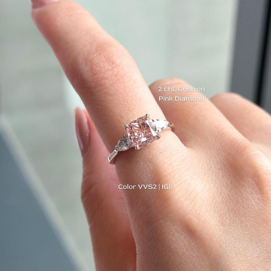 Fancy Pink Cushion 2.60tcw Lab Diamond Ring | Pear Side Stones | IGI Certified | VVS–VS