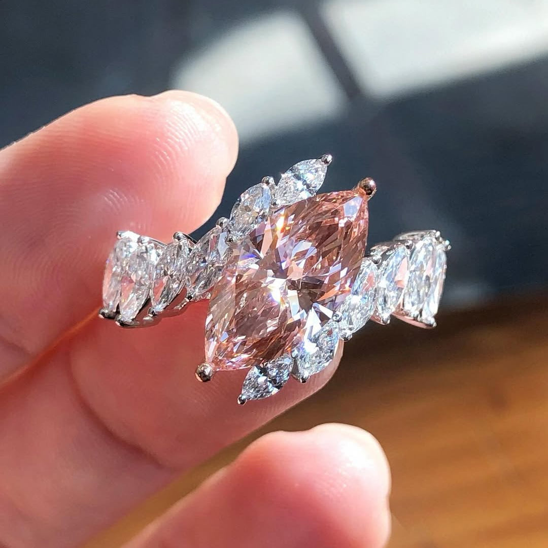 Fancy Pink Marquise 2.00tcw Lab Diamond Ring | Double Row Side Stones | IGI Certified
