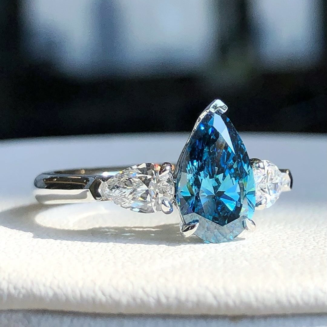 Blue Pear 1.50ct Lab Diamond Ring with 0.50ct White Pear Side Stones | 3-Stone Design | IGI Certified